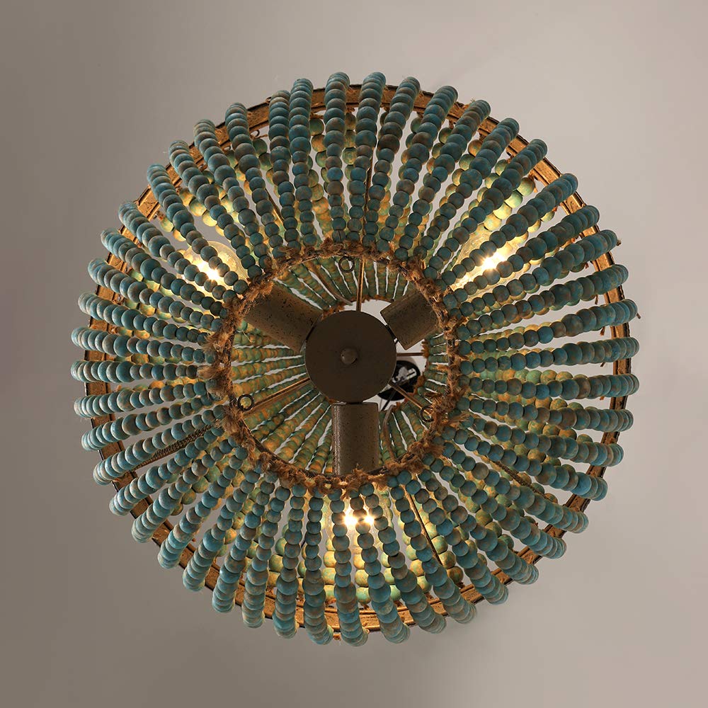 Newrays Wood Bead Chandelier Pendant Light Gray Blue 19.88x21.65 in Bohemian Ceiling Lamp Model P141001
