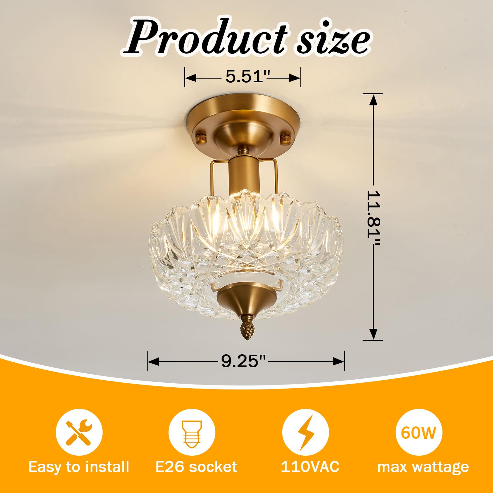 Uofus Vintage Gold Semi Flush Mount Ceiling Light Fixture With Clear Glass Shade Flower Small Chandelier Brass Close To Ceiling