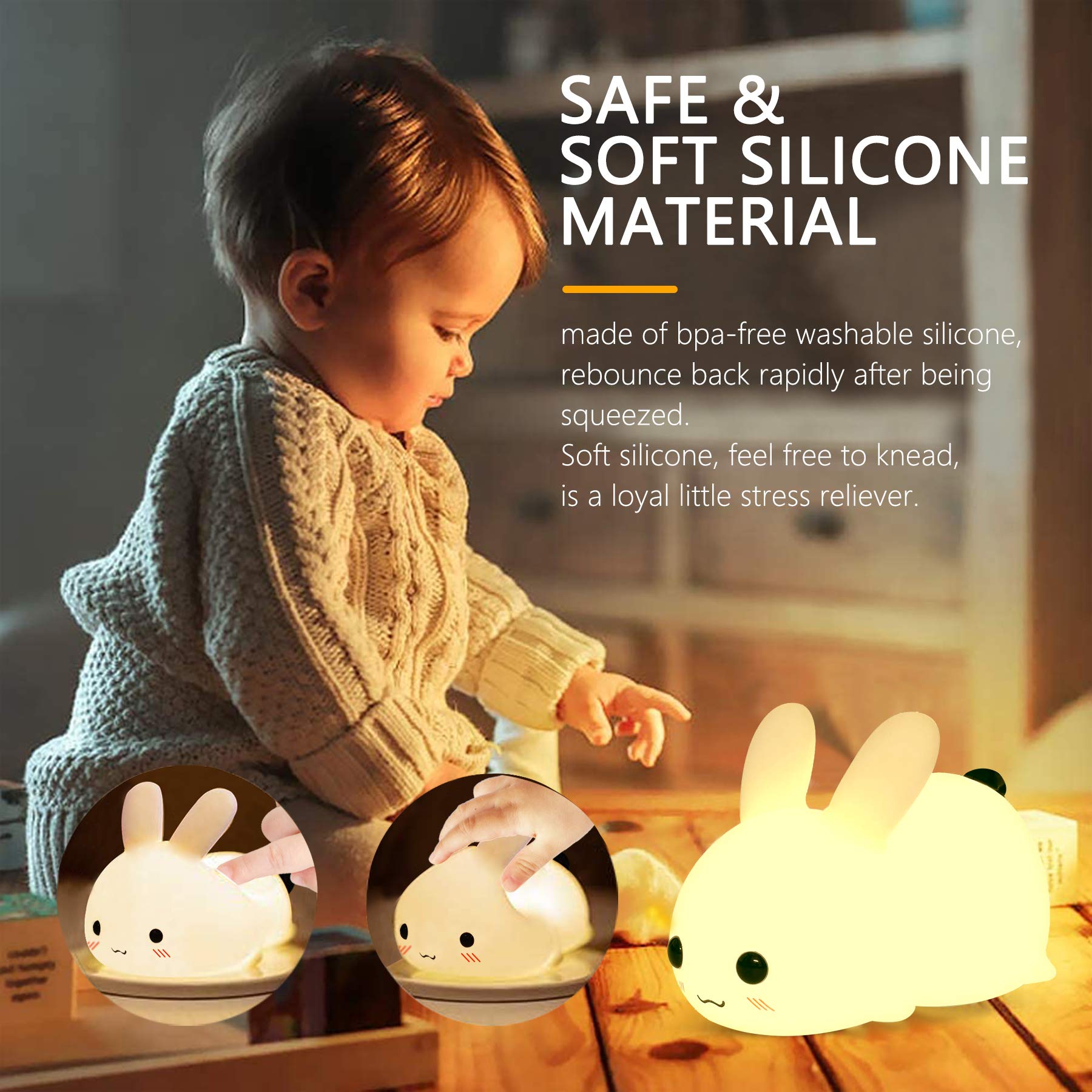 Qanyi Kawaii Bunny Night Lights For Kids, 7 Color Light Silicone For Baby Nursery, Portable Usb Rechargeable Bedside Lamp For To