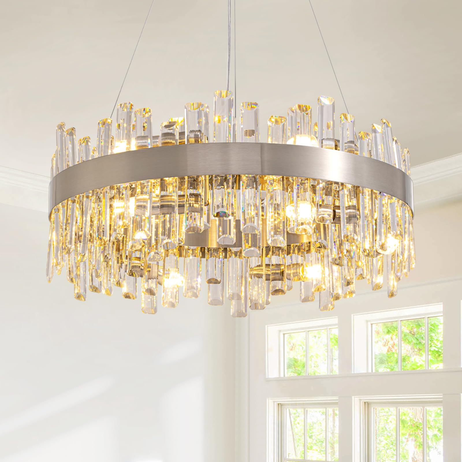 Siljoy Modern Crystal Chandelier for Dining Room 12-Lights Polished Chrome 2Tiers K9 Crystal Raindrop Chandelier Contemporary Ro