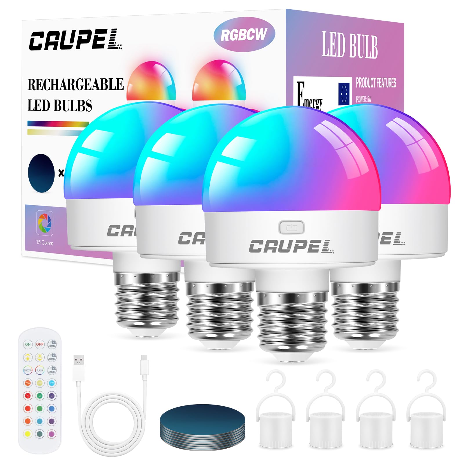 RGBCW Rechargeable Battery Operated Light Bulbs, E26 Detachable LED Bulb with Remote Control, 40W Equivalent, 500Lum, 3 Color Te