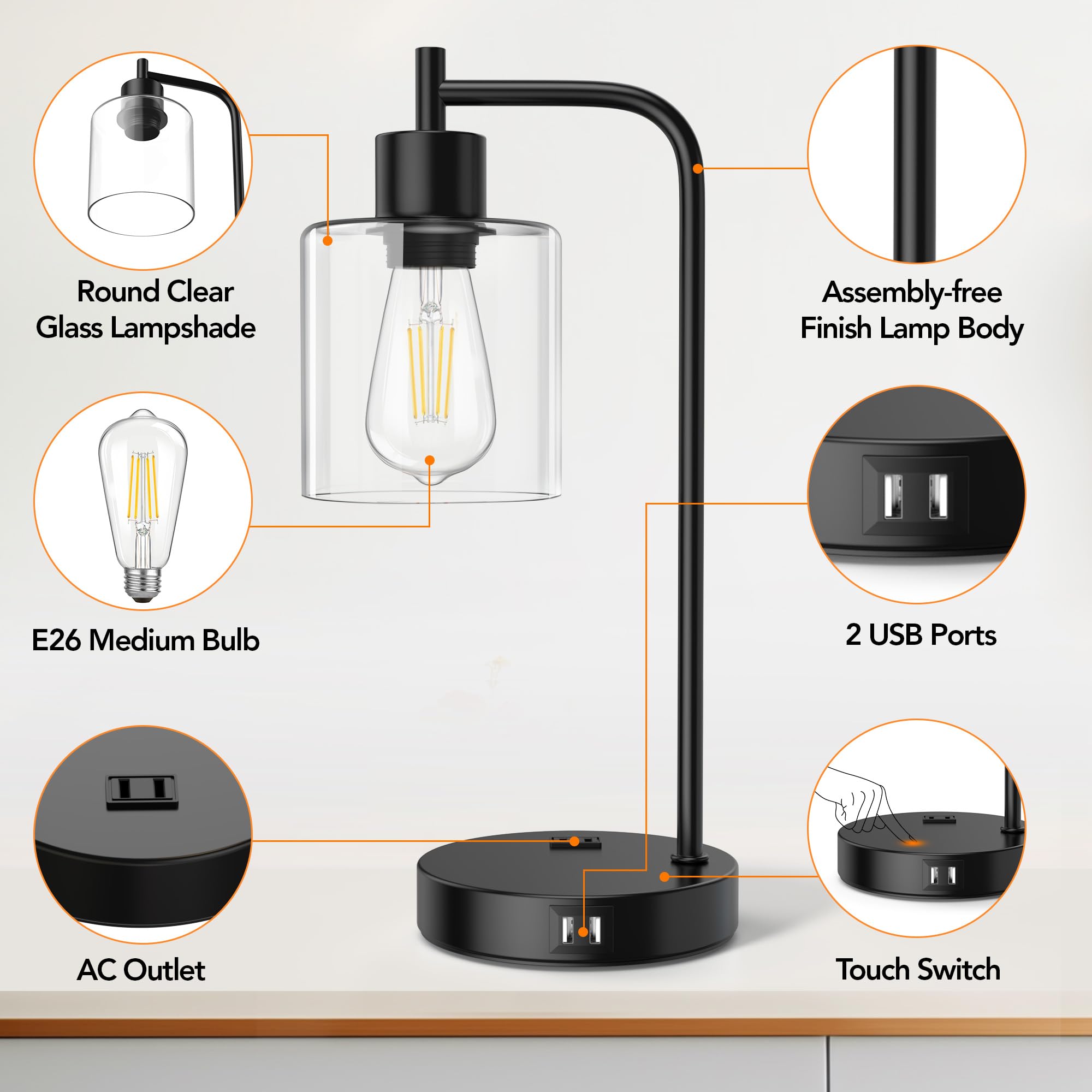 QiMH 3-Way Dimmable Touch Control Table Lamp with 2 USB Ports & AC Outlet, Black Glass Desk Lamp for Bedroom & Office