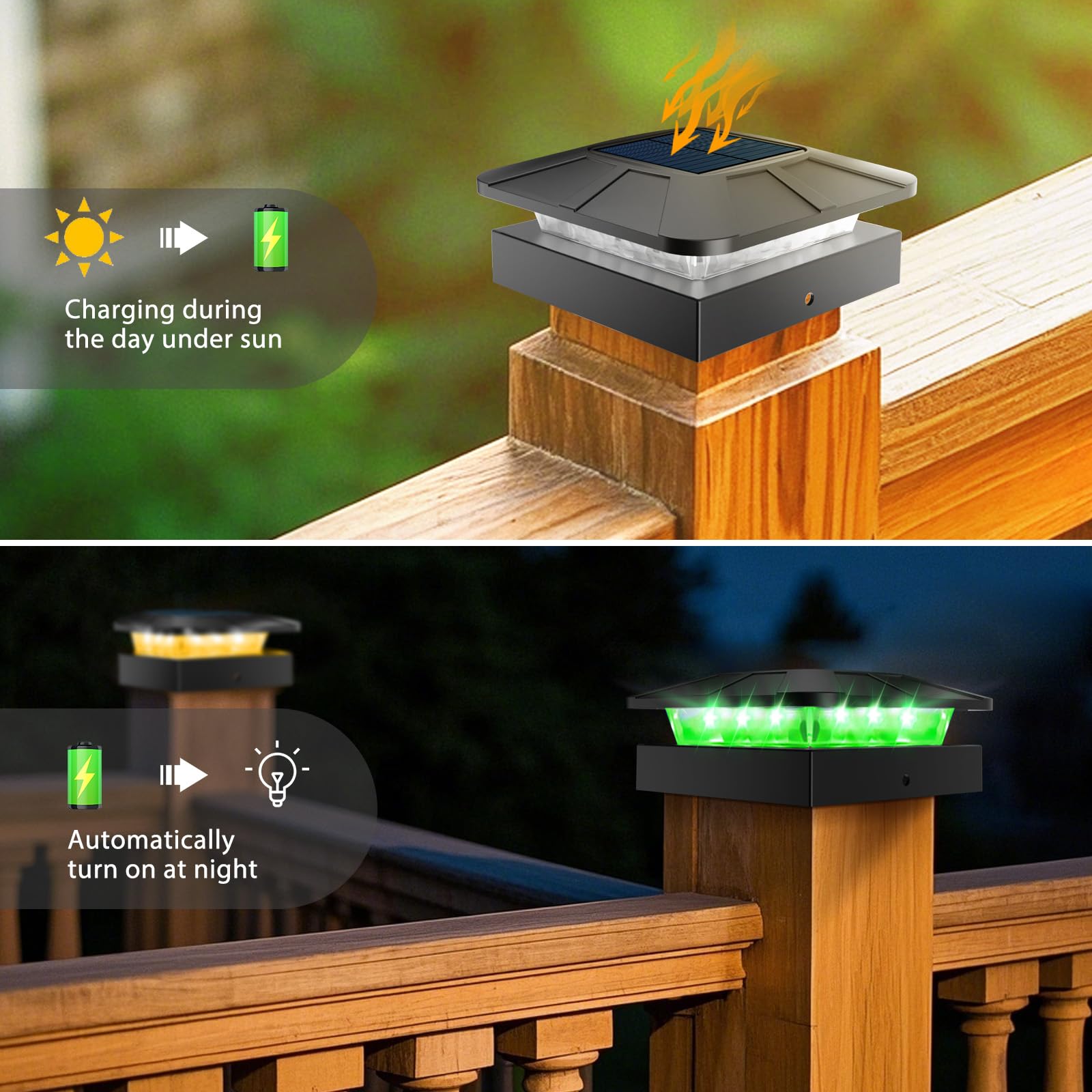 Peasur 4x4 Solar Post Lights - 4 Pack Green & Warm White LED, Waterproof Fence Caps for Deck, Mailbox, Railing, Porch Outdoor Lighting