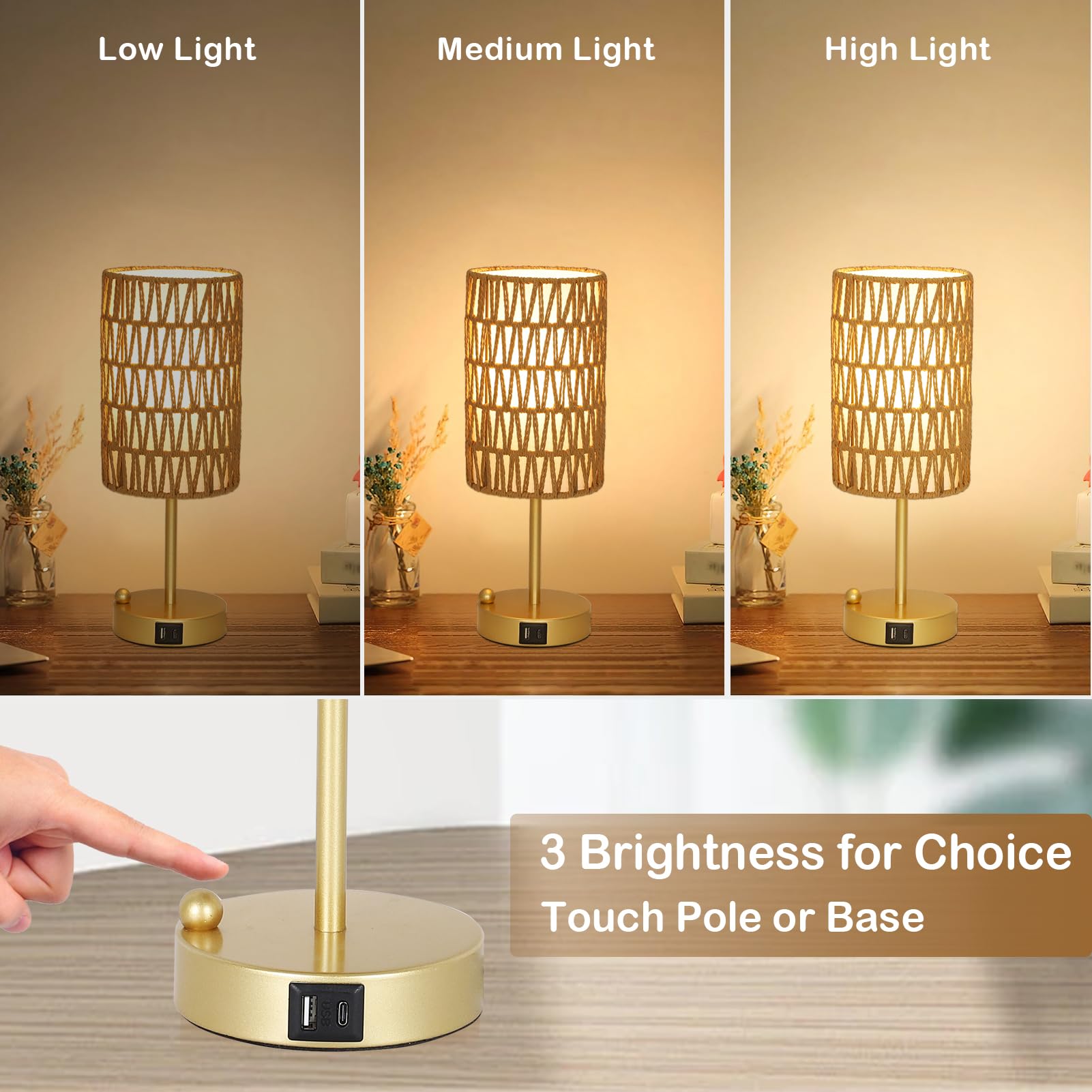 Eayaya Gold Bedside Lamps Set of 2, Touch Control, 3-Way Dimmable, Boho Rattan & Linen Shade, USB Charging Port, Phone Stand