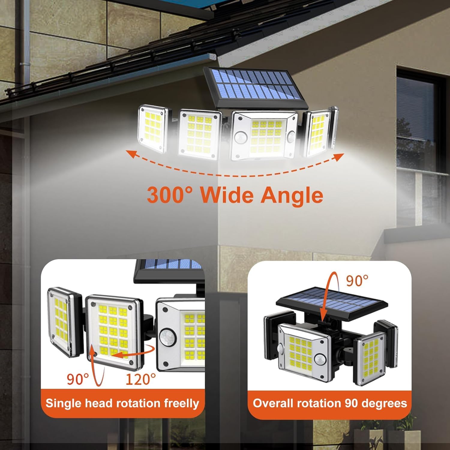 Bowite Solar Lights Outdoor Motion Sensor, 3000LM, 280 LEDs, 5 Heads, IP65 Waterproof, Split-type 2 Pack, Black, Model 25-SFL-02-