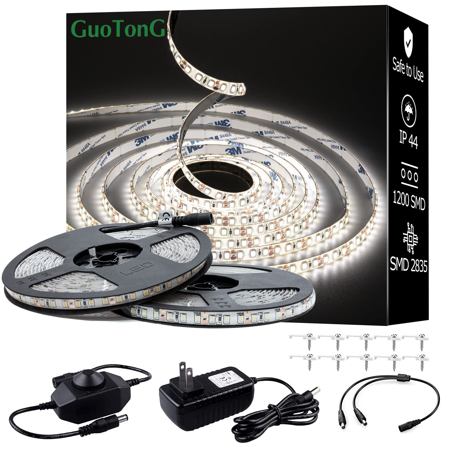GUOTONG White LED Strip Lights, IP44 Waterproof, 6000K, 65.6ft/20m, Flexible Ribbon for Kitchen Cabinet, Outdoor/Indoor Use