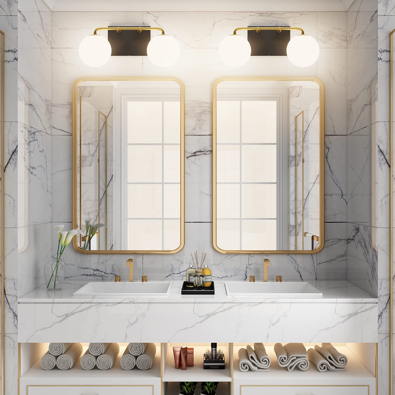 Tipace 2 Lights Vintage Bathroom Vanity Light Fixtures, Black Gold, Aluminum, 14.5 IN, Model GW1129, Milk White Glass Globe