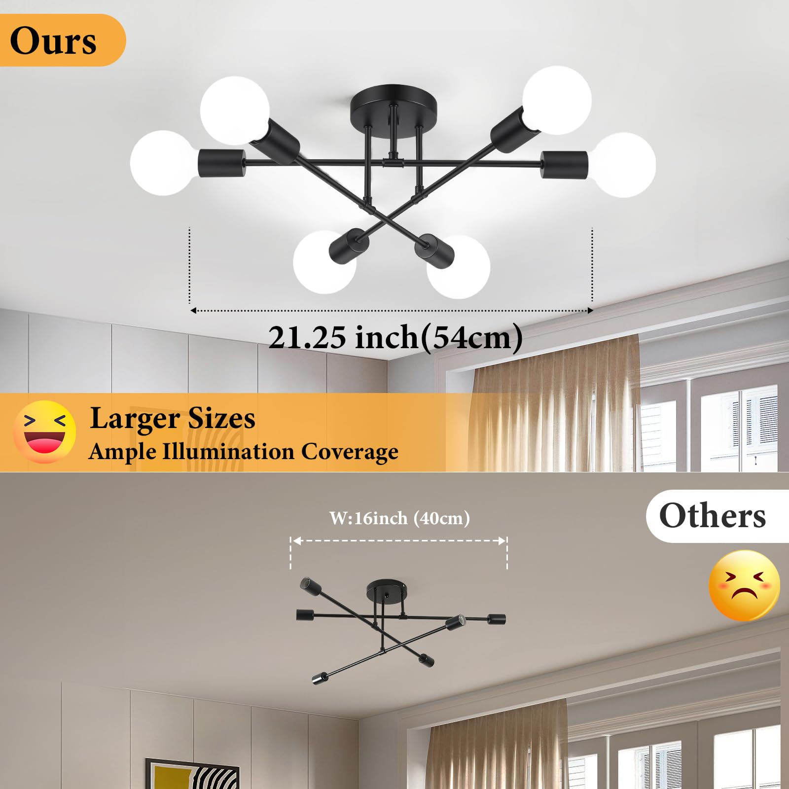 Bosceos Modern Sputnik Chandelier 6-Light Black Metal Ceiling Light Fixture 22in Model JC21821.6