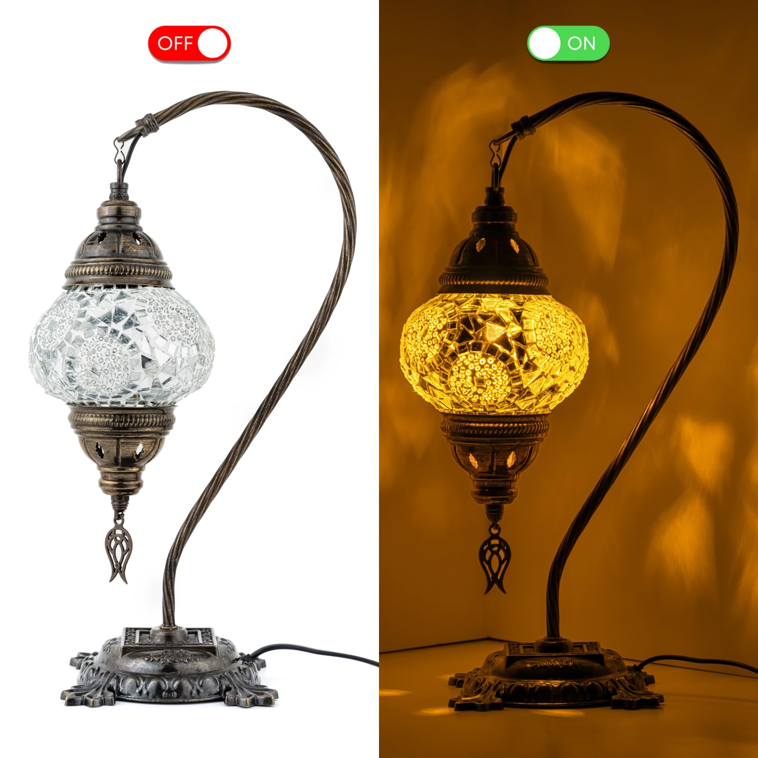 Kafthan Turkish Mosaic Lamp – Handmade Glass Bedside Lamp, Antique Brass Base, White Circles, Model ASNML50369, Bulb Included