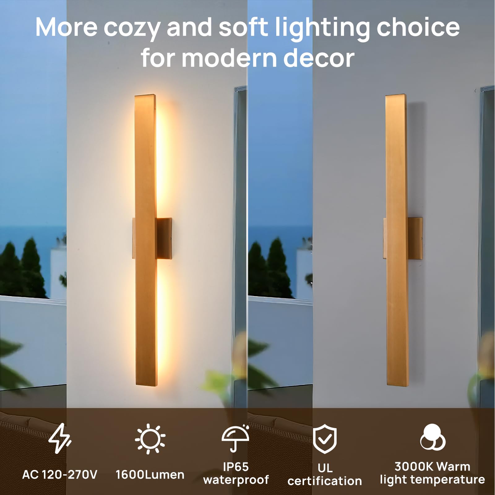 JOKAONOTL Gold LED Porch Lights, Waterproof Outdoor Wall Lights, 34 in, Aluminum, 2 Pack