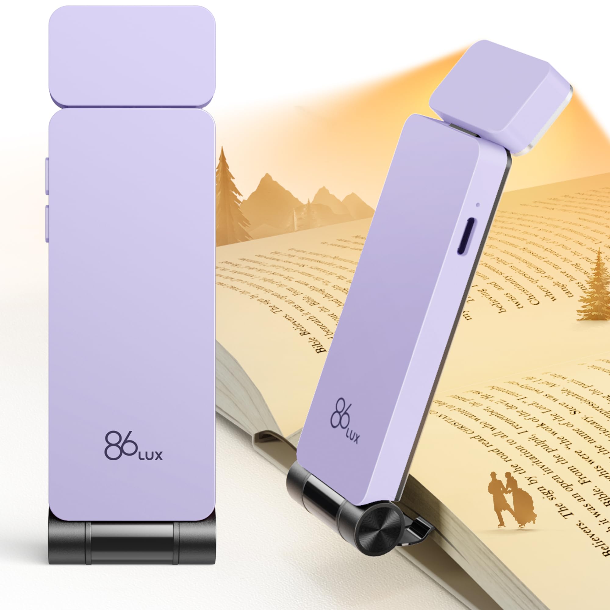86lux Book Light, Rechargeable Reading Lights for Books in Bed, Ultralight Clip-on LED Bookmark Lamp with 3 Amber Colors & Stepless Dimming for Night Reading for Book Lovers, Kids,Light Lilac