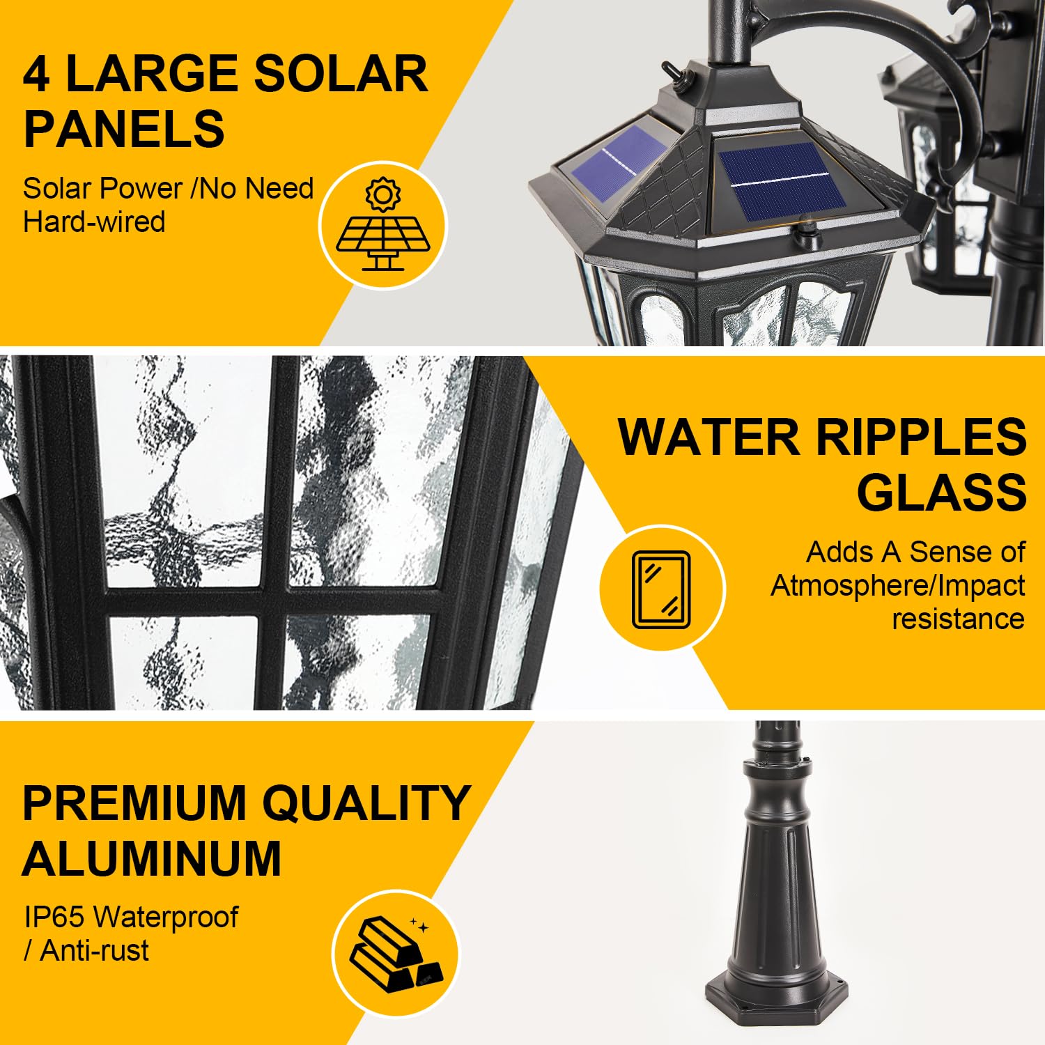 GYDZ 3-Head Solar Street Light, Aluminum with Dusk to Dawn Sensor, Waterproof Black Lamp Post for Backyard, Garden, Driveway, Model 6590-S-SE-GL