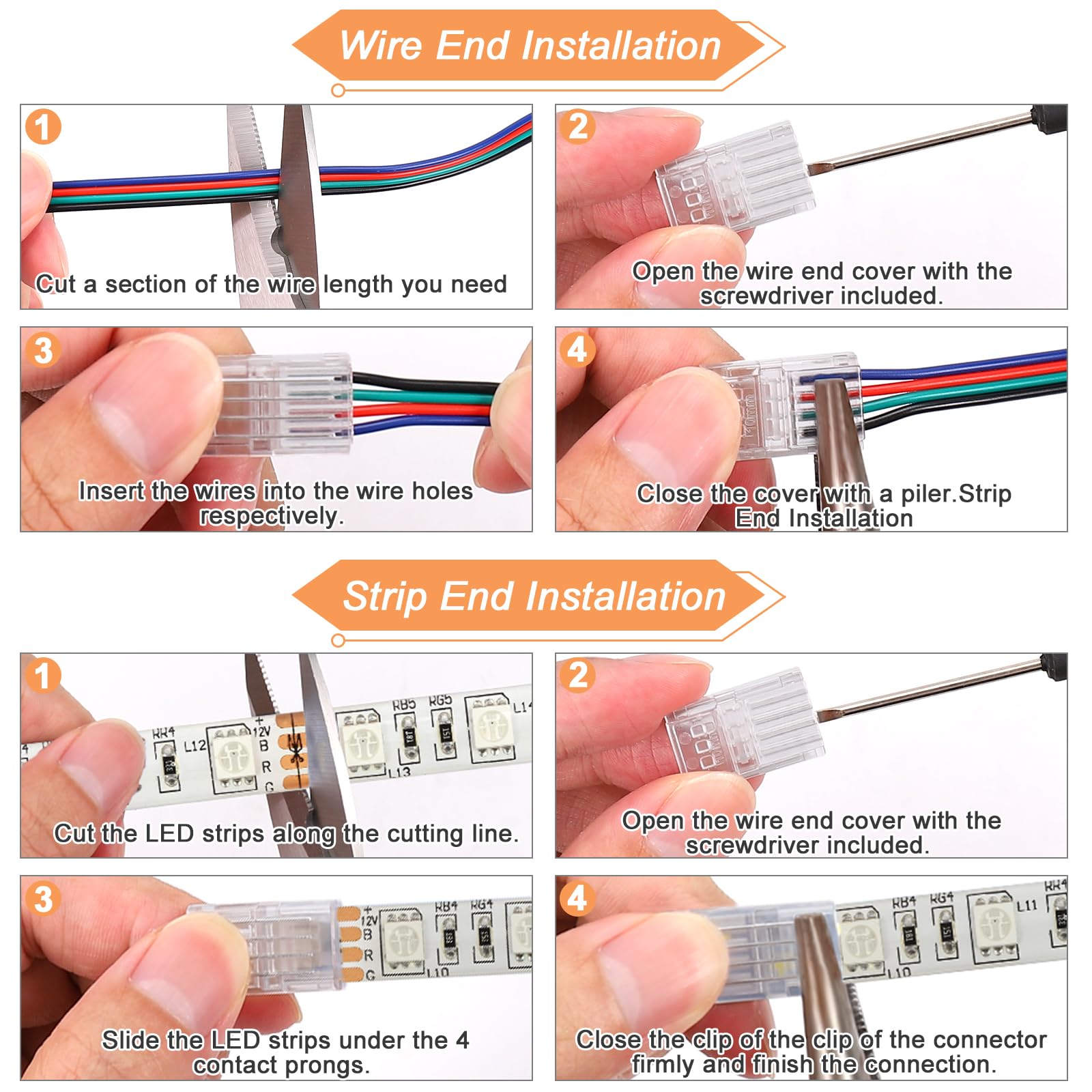 Precihw 20 Pack 4 Pin Led Strip Light Connectors 10 Mm, Solderless Transparent Track Lighting Connectors Led Pin Connector For 5050 Waterproof Rgb