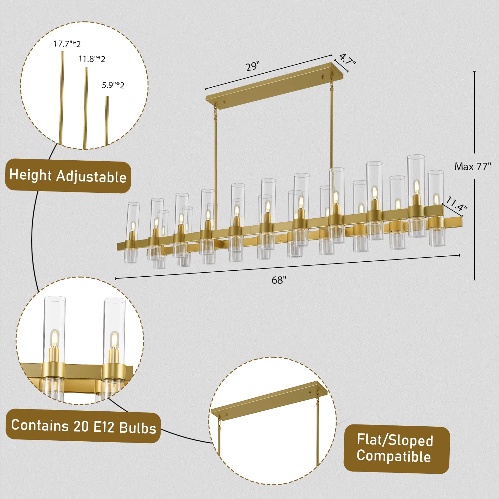 Gold Linear Chandeliers For Dining Room, 68'' Rectangle Chandelier With Glass, 20-Light Dining Room Chandeliers Over Table, Bras