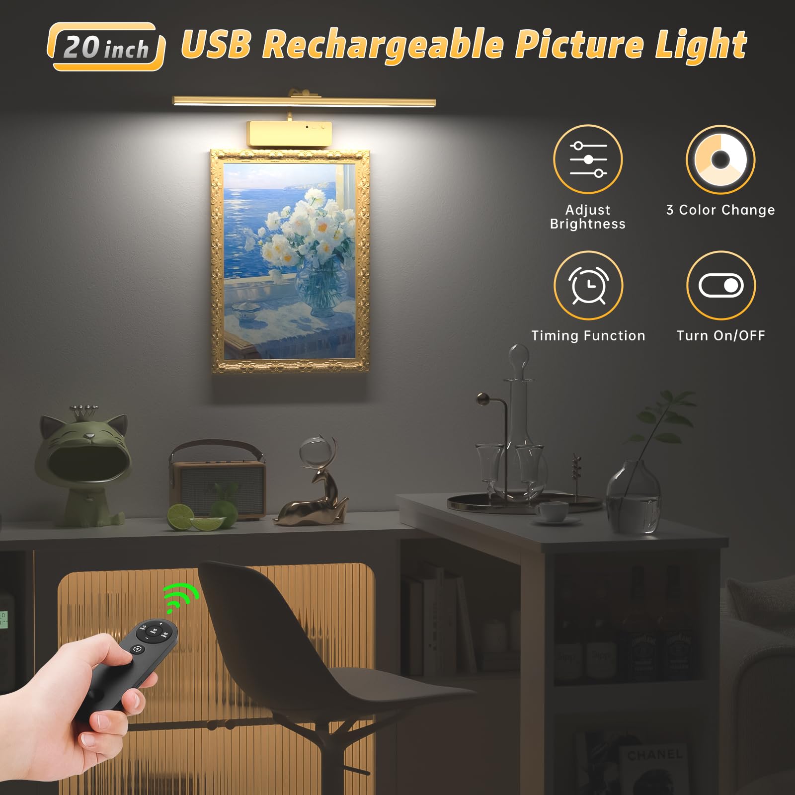 Lightbiz Picture Light with Remote, 20inch Gold Aluminum Art Light, Dimmable, Timer for Paintings and Gallery Display