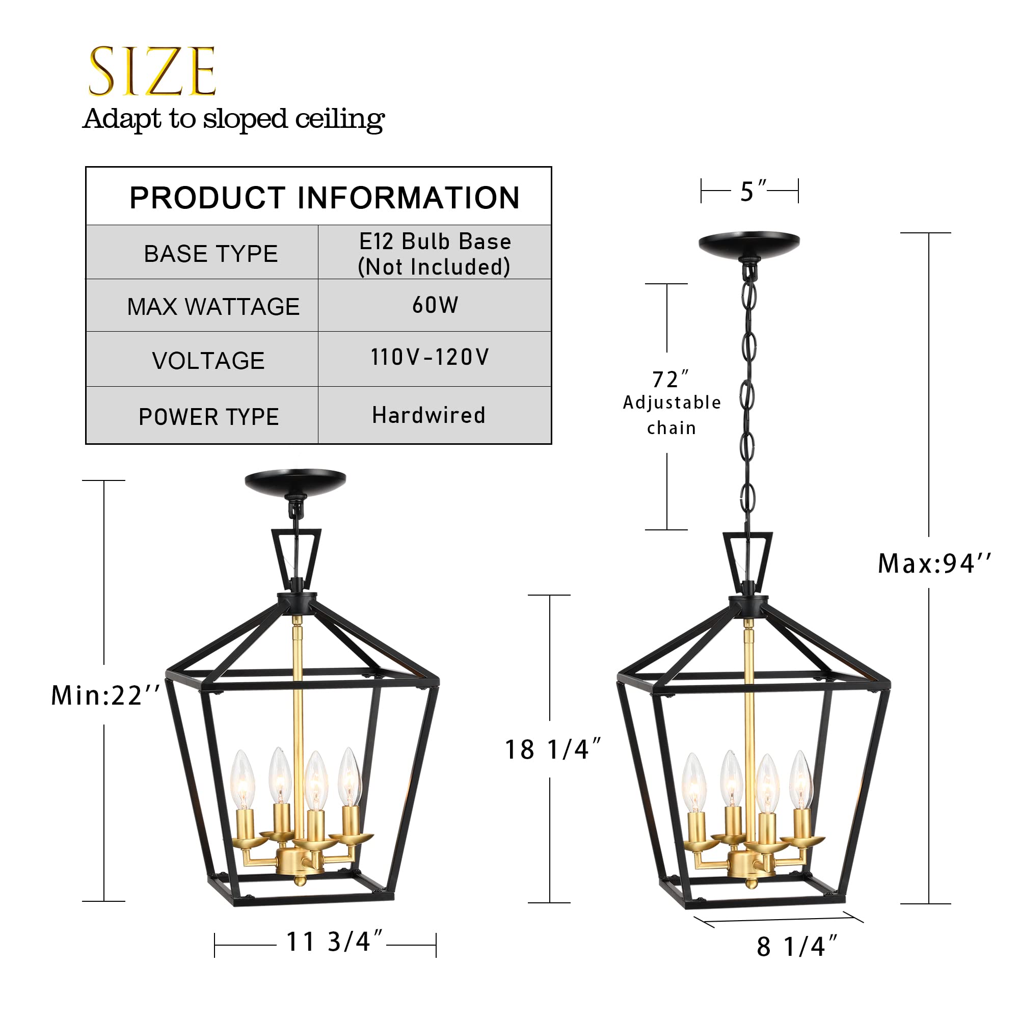 Untrammelife 4-Light Lantern Pendant Light Metal Large Black and Brushed Brass Adjustable Chain Chandelier Model 747301833578