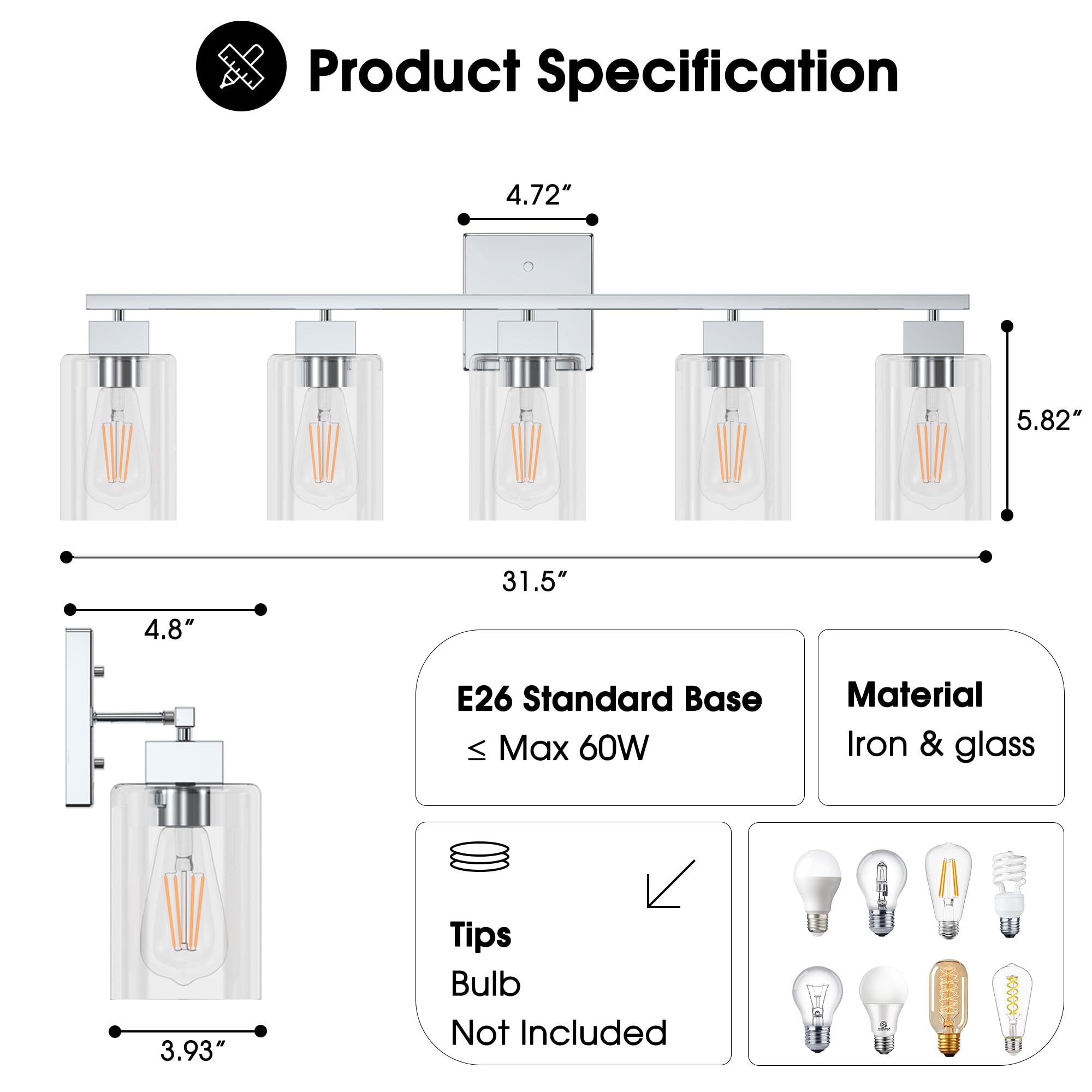 Espird 5 Light Bathroom Vanity Light - Chrome Bathroom Light Fixtures Square Design & Ul Certification, 31 Inch Bath Room Light