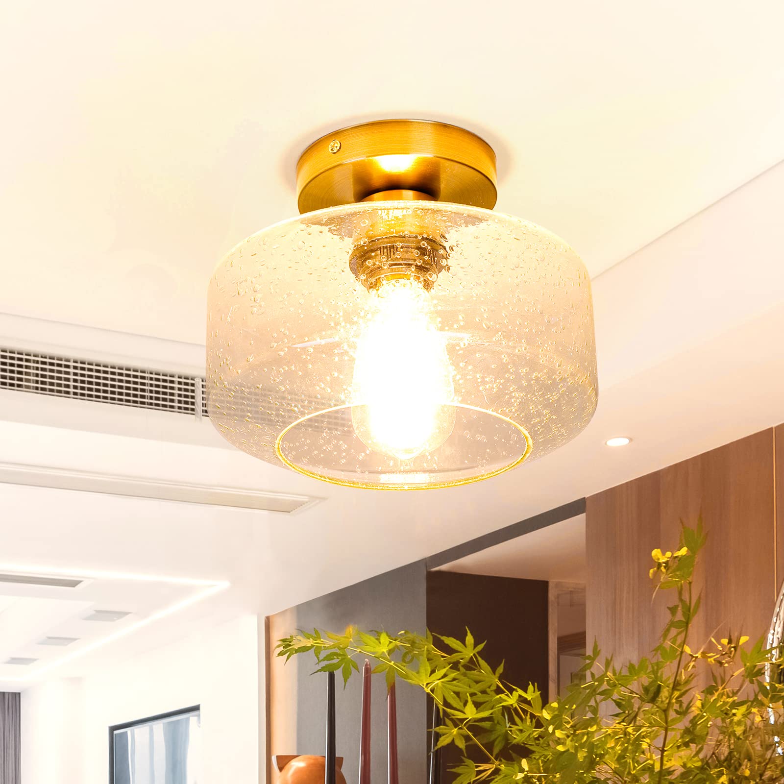 Sunrider Industrial Semi Flush Mount Ceiling Light Fixture, Seeded Glass Pendant Lamp, Brushed Golden Metal Base, Gold Farmhouse