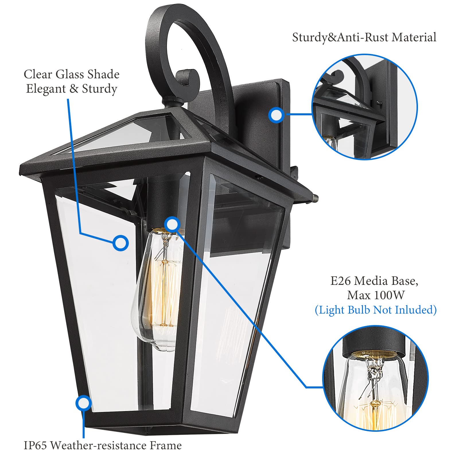 Luminzone Outdoor Wall Lantern, Waterproof Glass, Medium Size, Black, Model 7H1B-M BK