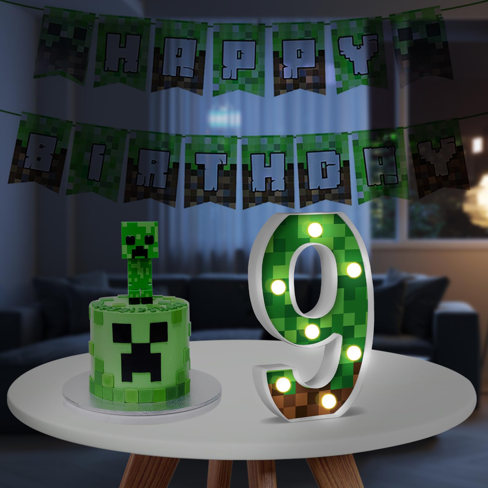 AXBMM Pixel Game Light Up Sign, Number 9, 8.5in LED Birthday Decoration, Green/Brown, Model XY-371