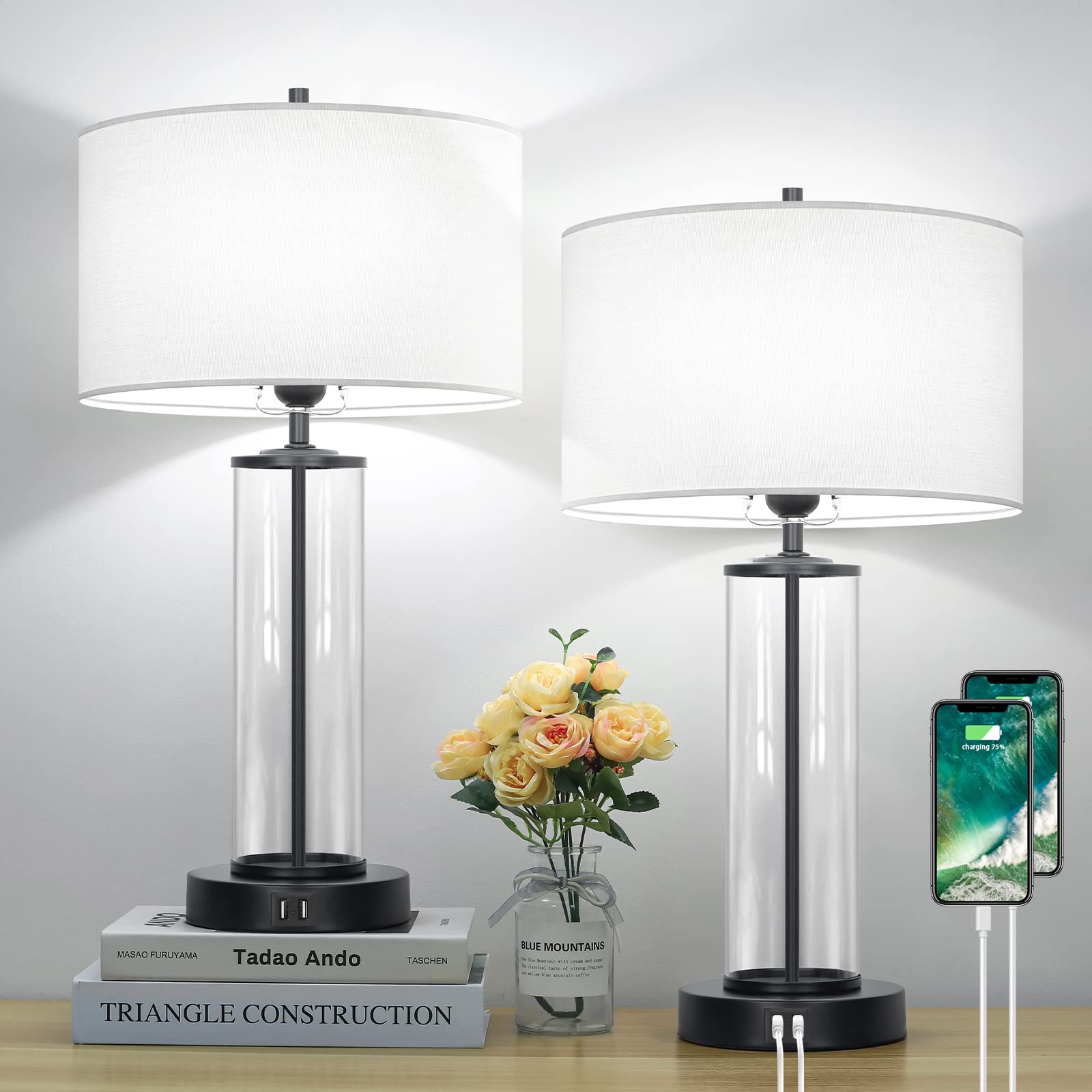 Modern Touch Control Table Lamps with 2 USB Ports for Living Room Set of 2, 3-Way Dimmable Bedside Lamps with White Shades & Cle