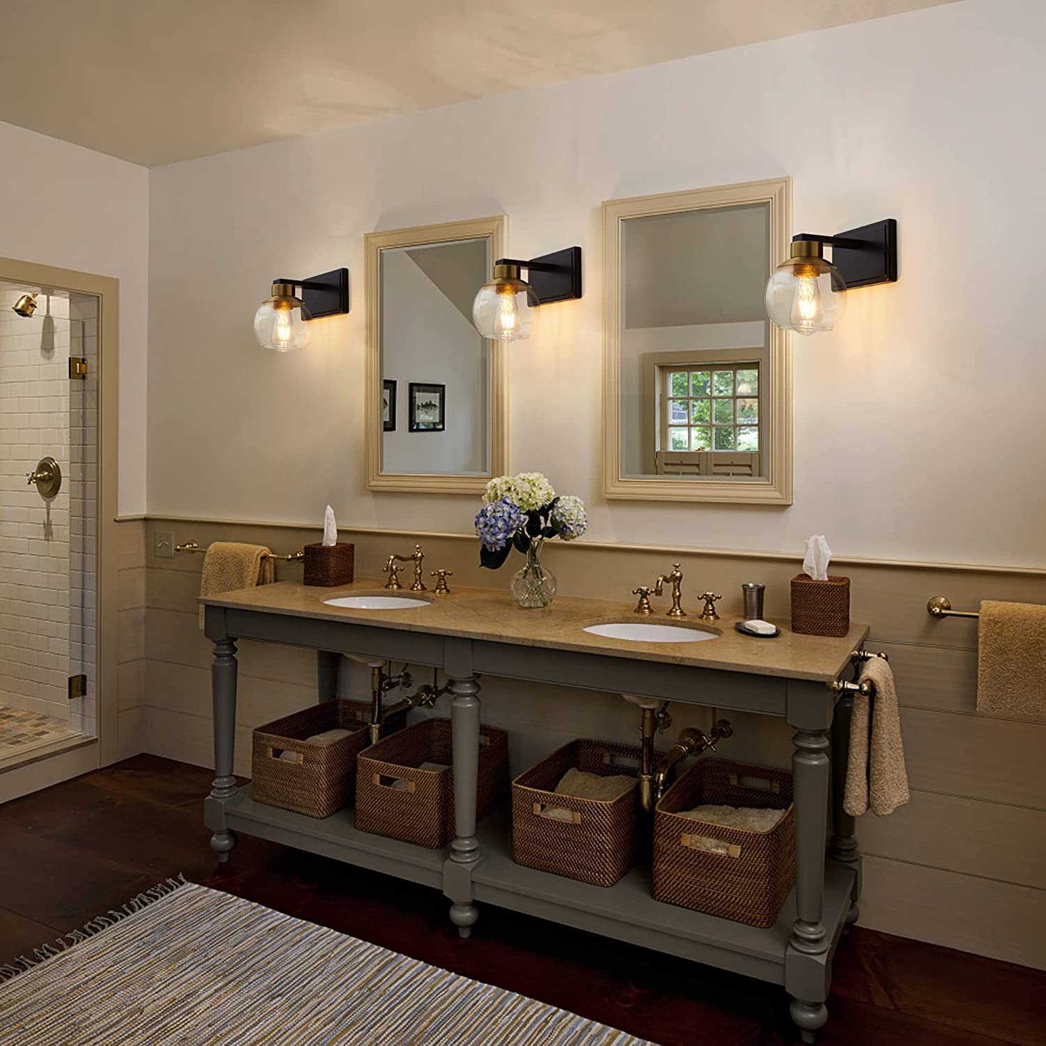 Pazala 2 Pack Black And Gold Wall Lights For Bedroom Modern Wall Sconces Set Of Two Lighting Fixtures Wired, Globe Glass Lamp, W