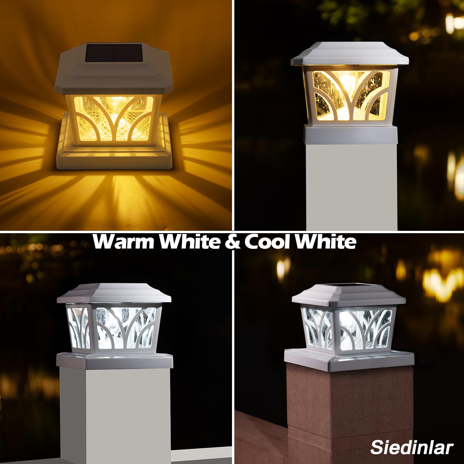 SIEDiNLAR Solar Post Cap Lights, Aluminum & Glass, 2 Modes, 6 Pack, Warm White/Cool White, for 4x4 5x5 6x6