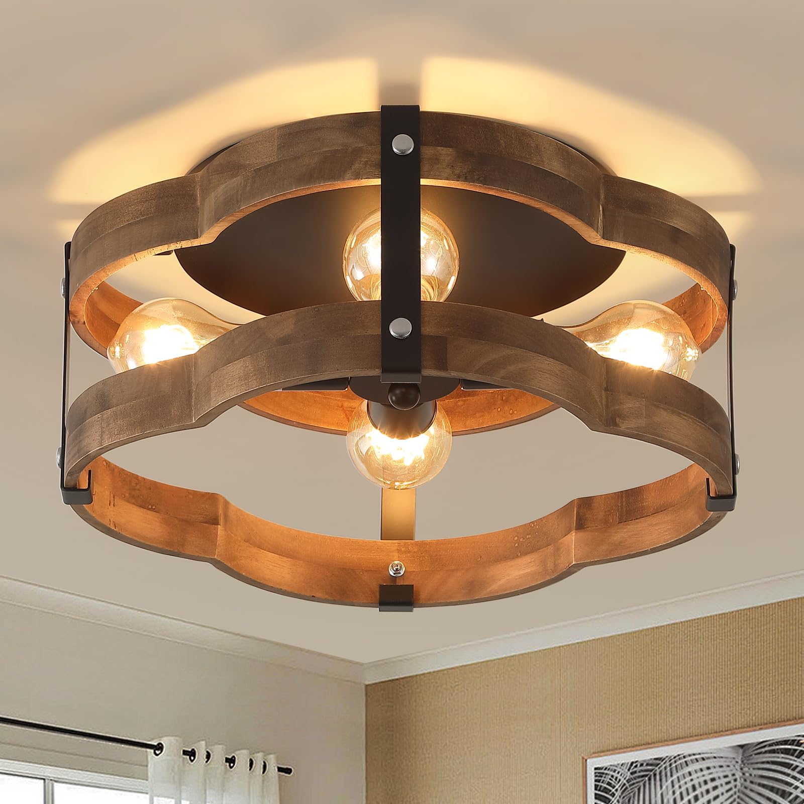 4-Light Rustic Farmhouse Wood Flush Mount Ceiling Light Fixture 14.17 inch Oak Wood and Metal Cloud Cage Semi Flush Mount Ceilin