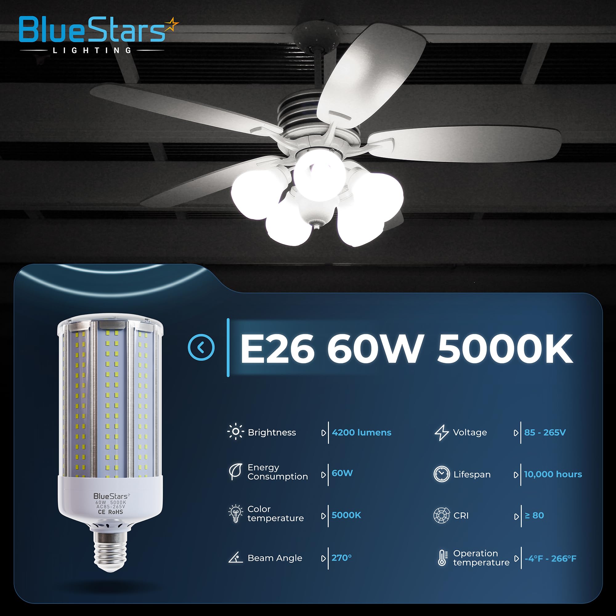 Bluestars 2-Pack 60W Led Corn Light Bulbs, 4200 Lumens, 5000K Cool White, E
