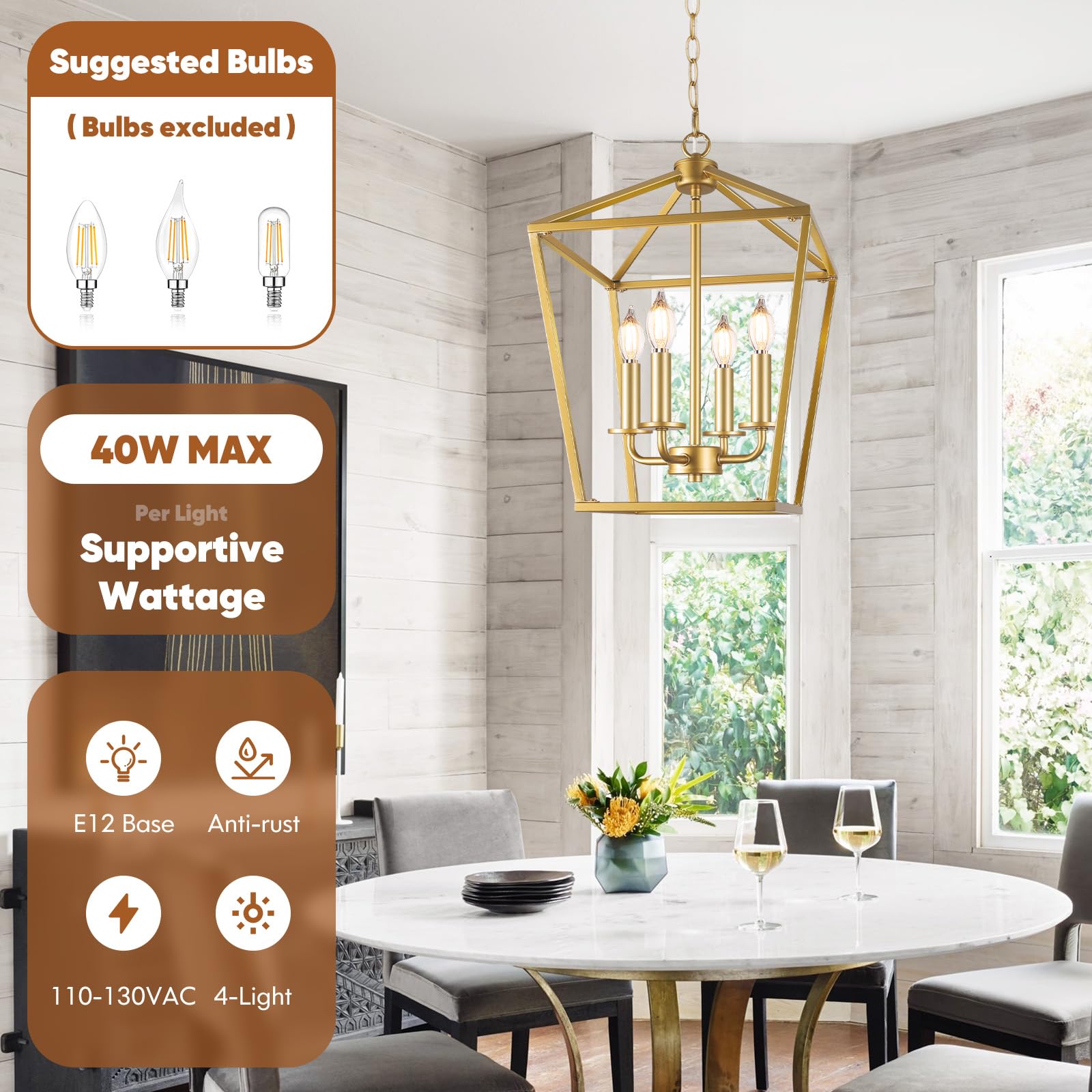 BrightHome Farmhouse Chandelier 4-Light Gold Metal Pendant Light Fixture for Kitchen Island, Adjustable Height, Model D3561.4GD