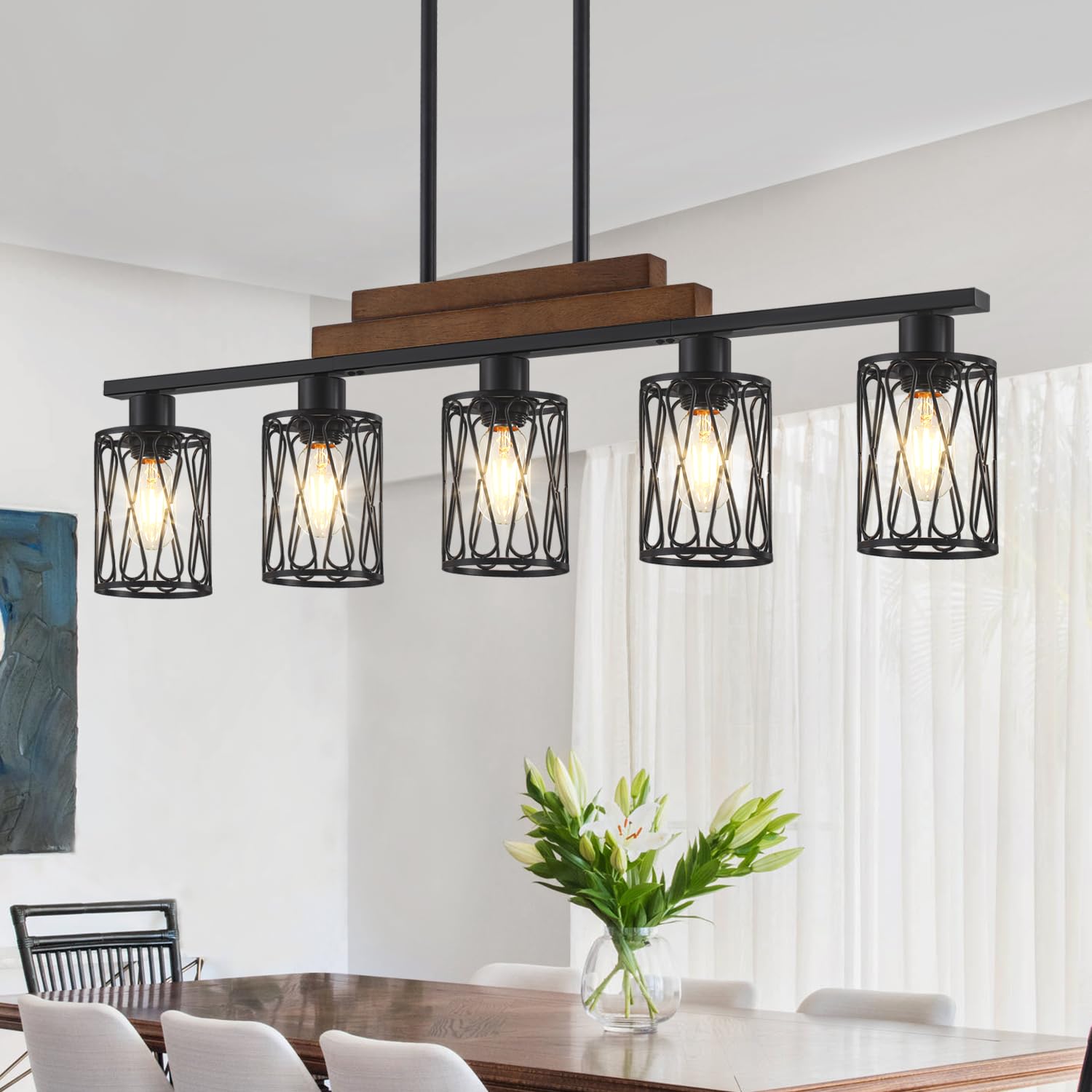 5-Light Dining Room Light Fixtures Over Table  Farmhouse Kitchen Island Lighting Hanging with Metal Shade  Rustic Wood and Matte Pendant Lights Kitchen Island for Dining Room with Adjustable Height
