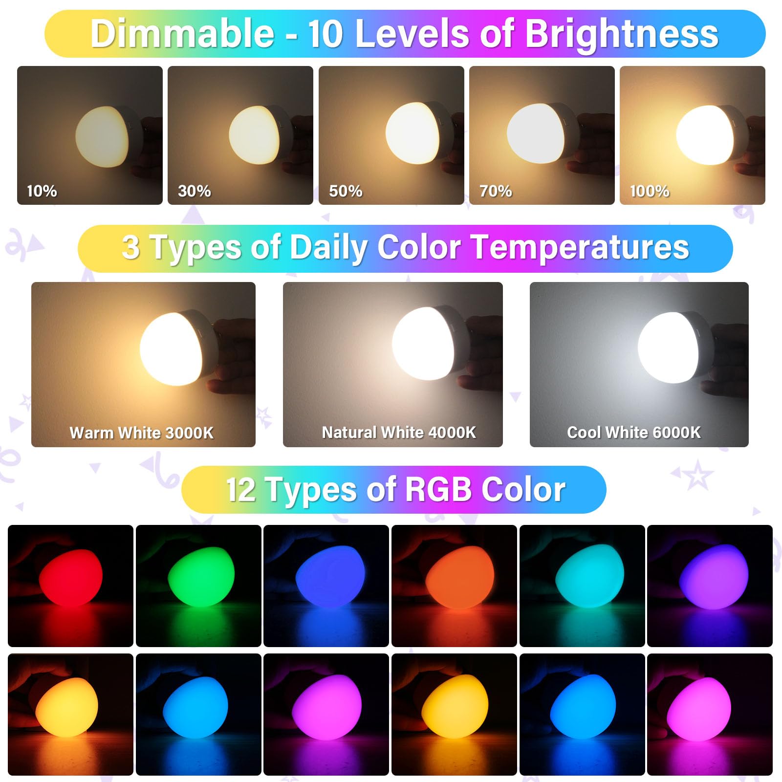 TAIYALOO E12 Rechargeable Light Bulb - Remote Control, 15 Colors, Battery Operated, Wireless Puck Light, 2 Pack, Dimmer, Detachable