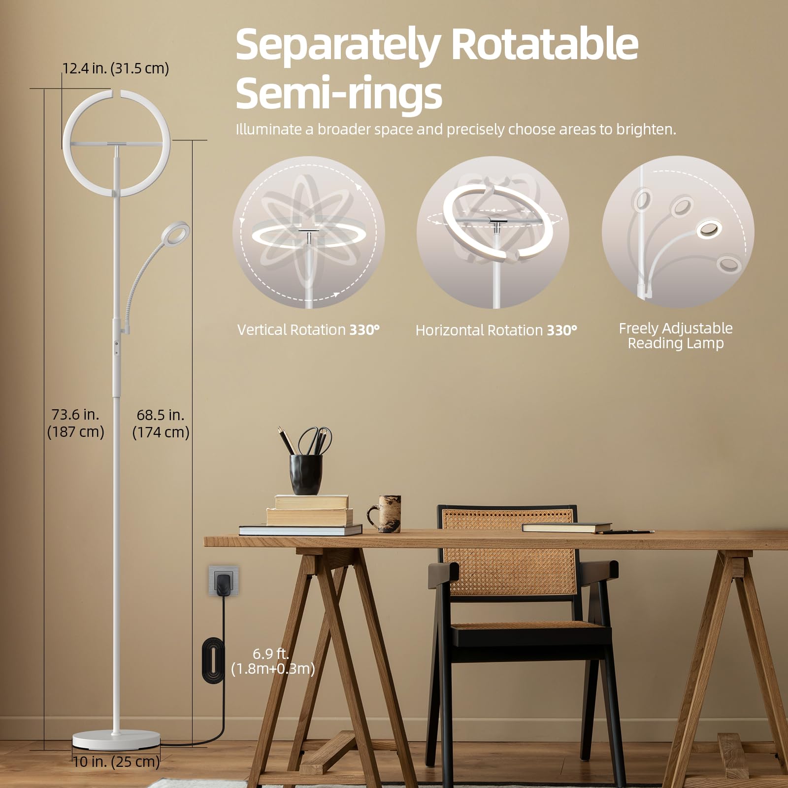 Fimei Split Floor Lamp Modern Led Rotatable Floor Lamp With Reading Light, Eye-Protection Reading Standing Lamp With Stepless Di