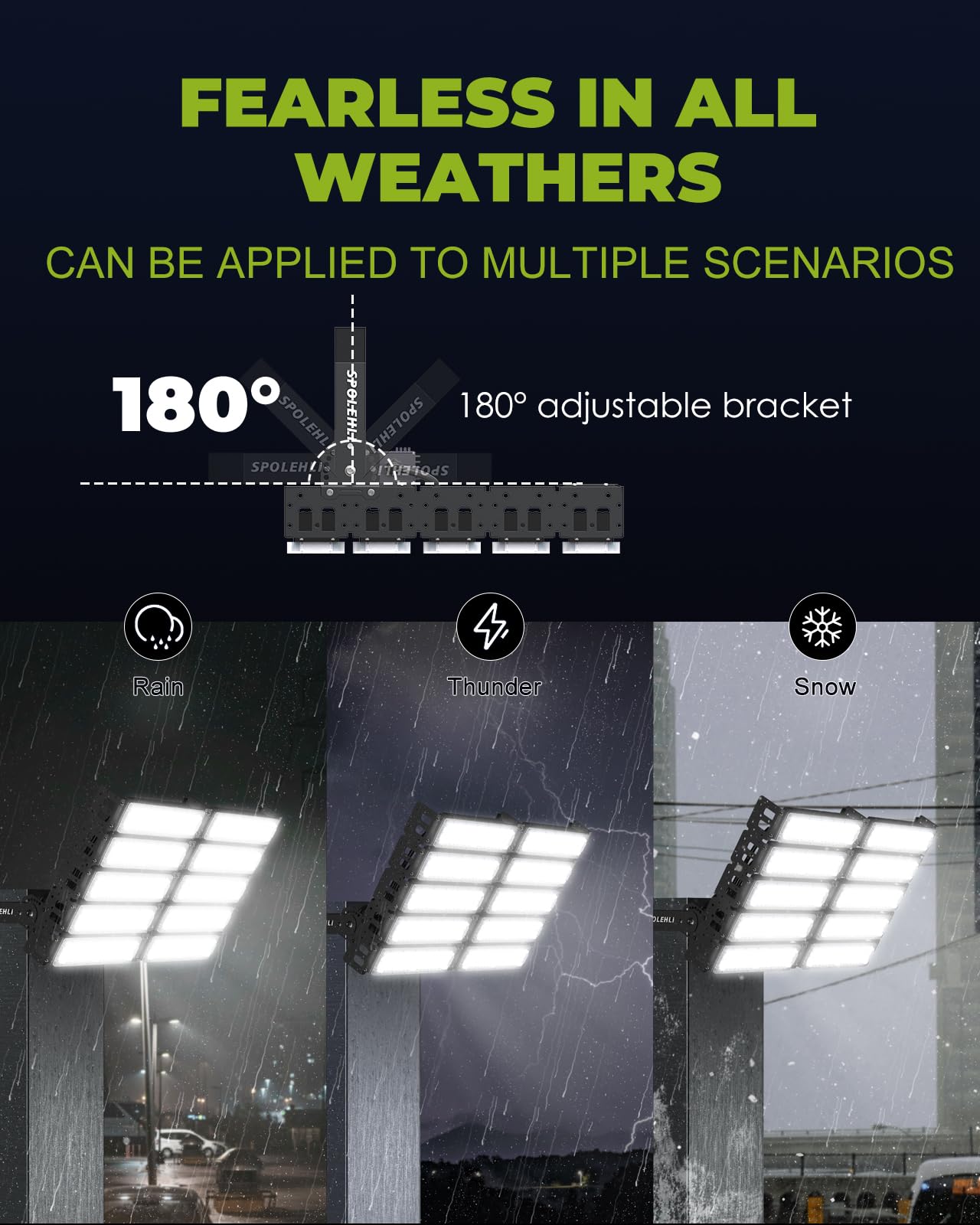 Spolehli 3000W Led Stadium Flood Lights 80000Lm Ip66 Waterproof 6500K Outdoor Lighting