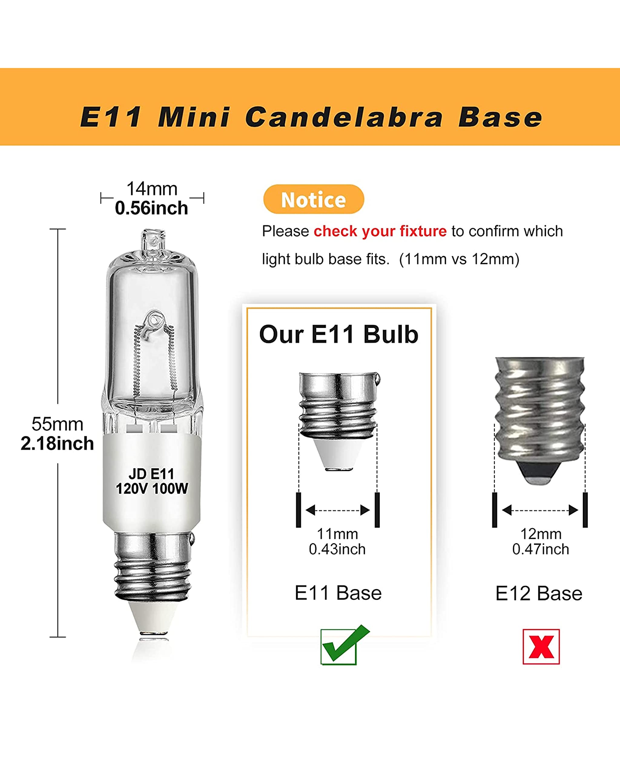 Jaenmsa 100W Halogen Mini Candelabra Bulbs E11, 2700K Warm White, Dimmable,
