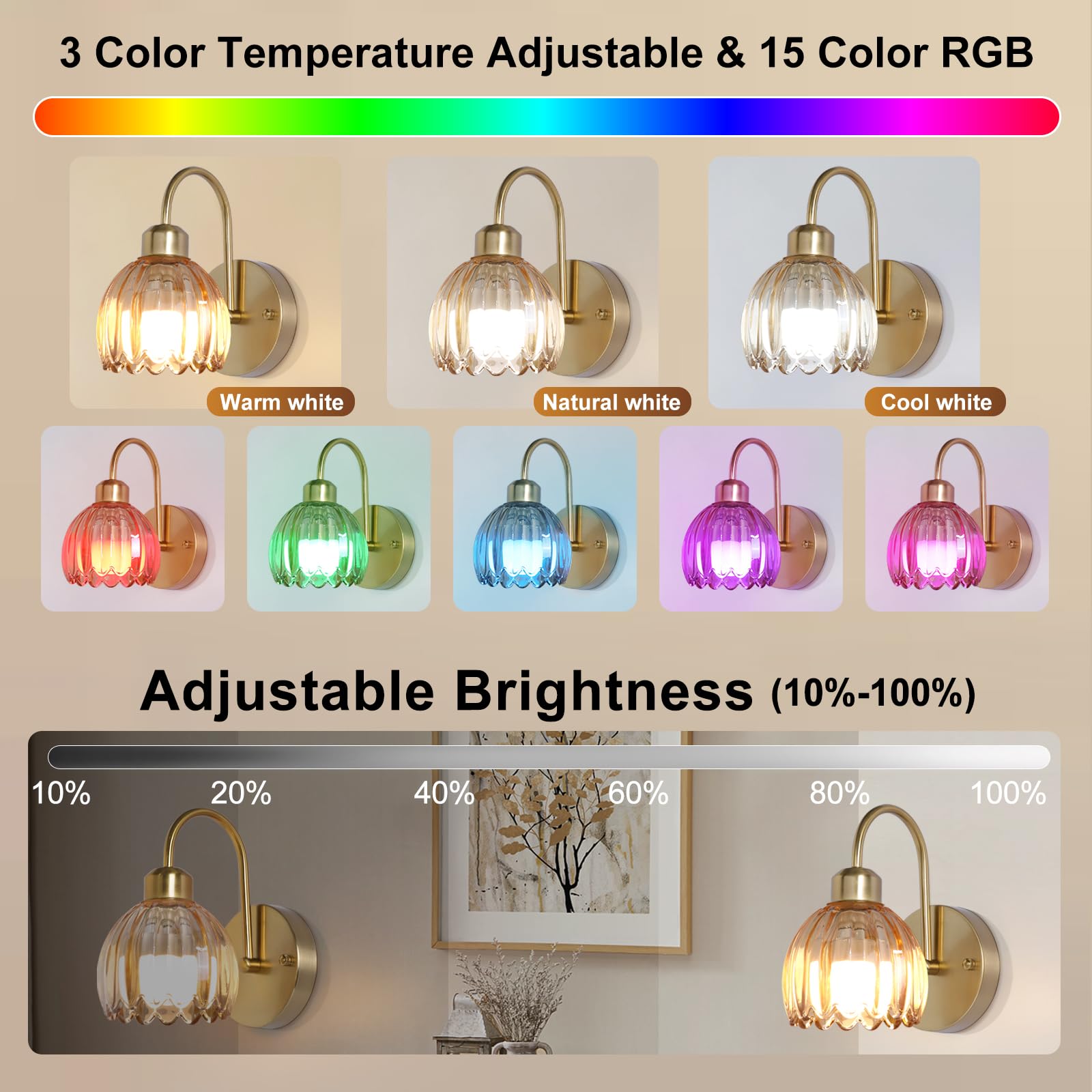 HMLUESR Vintage Battery Operated Wall Sconces Set of Two, Tulip Glass Lampshade Wireless Rechargeable Wall Lights,Gold Wall Lamp
