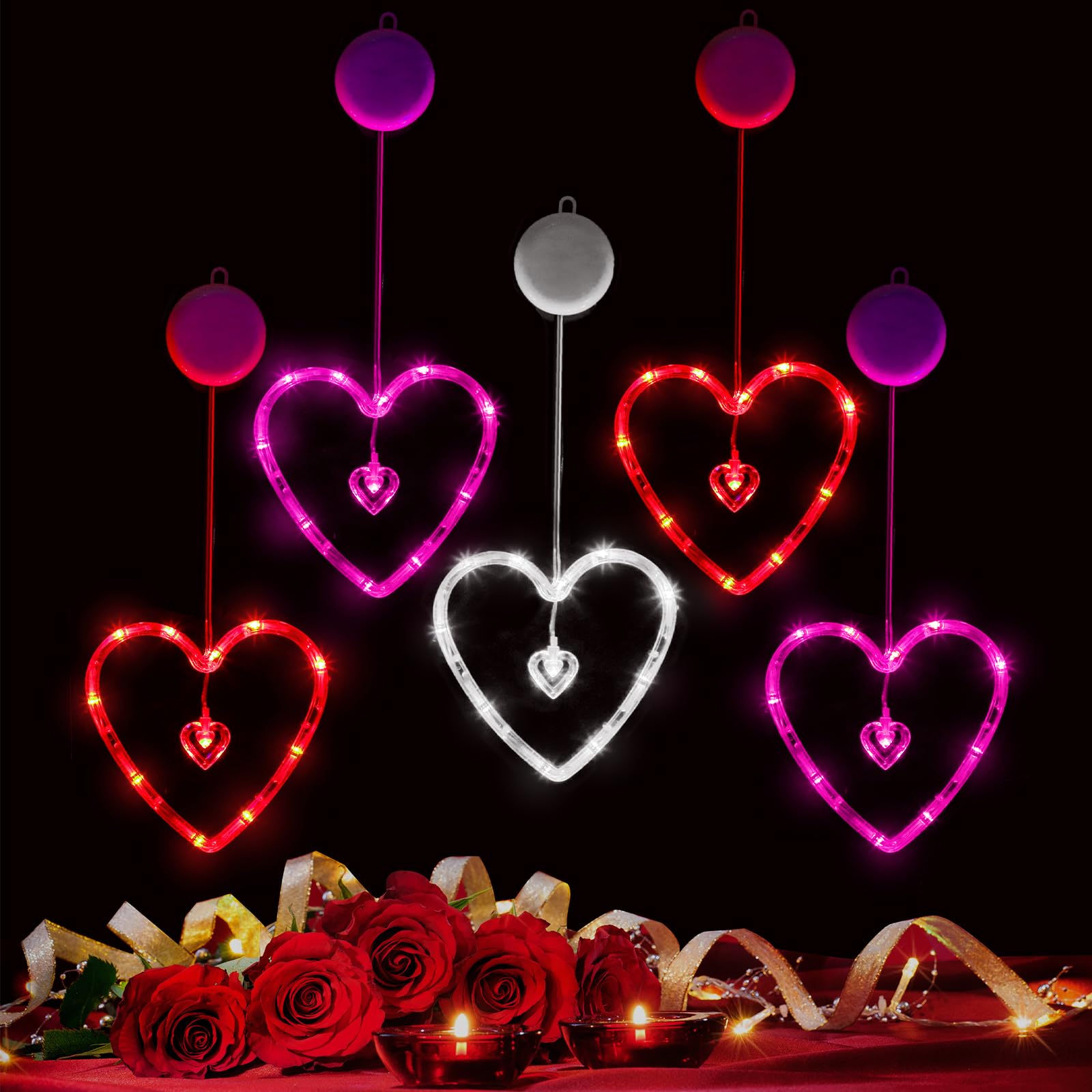 Baquler 5 Pcs Timed ValentineS Day Window Lights Hanging Red Heart Lights with Suction Cup Battery Operated Heart LED for Valent