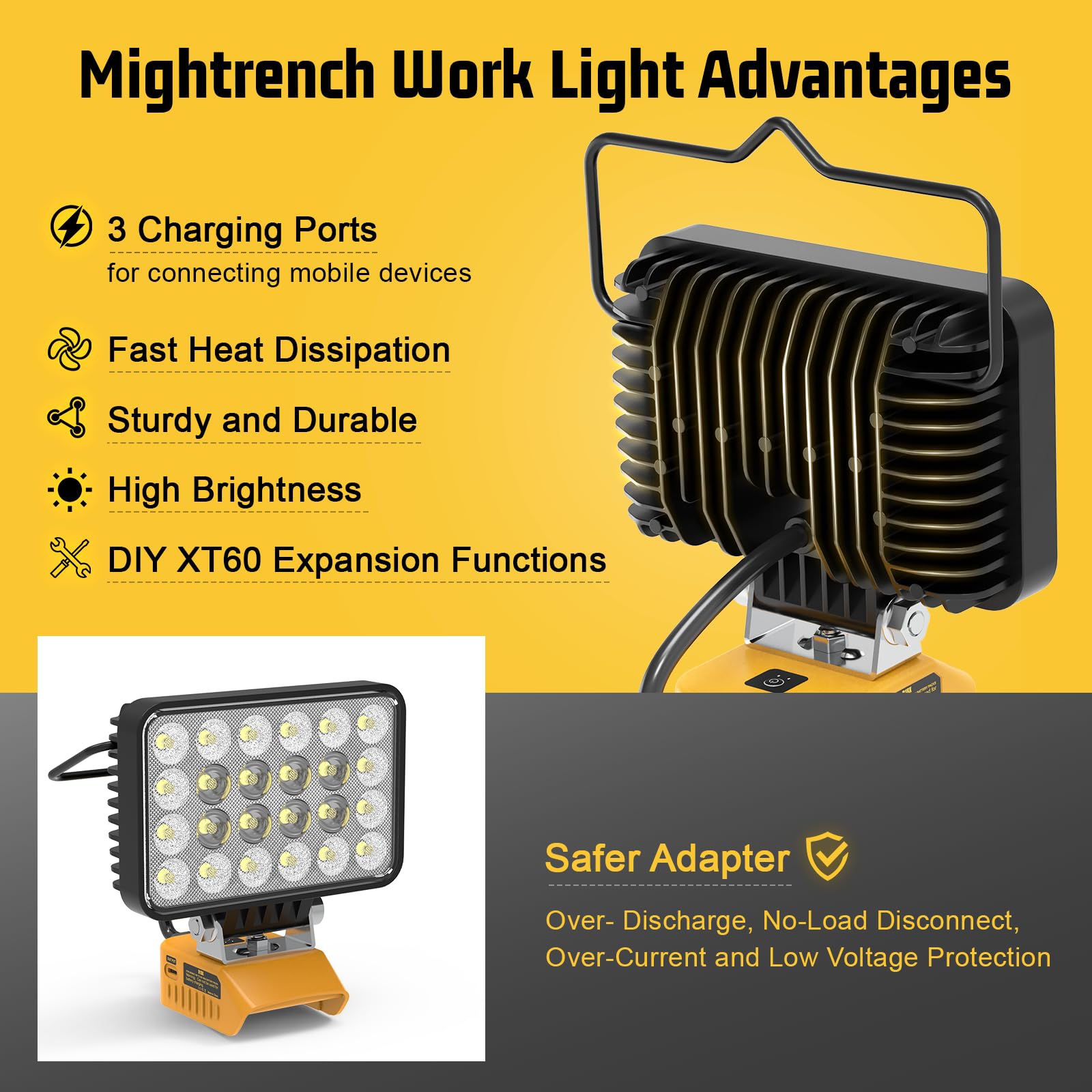Mightrench 72W LED Work Light, 7200LM, Compatible with Dewalt 20V Battery, ABS, Yellow, Model DLED01, Adjustable 140°