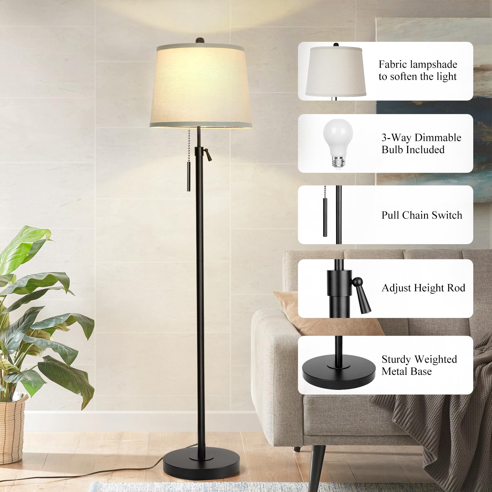 Junnai Floor Lamps For Living Room, Black Floor Lamp Adjustable Height Standing Lamp, Dimmable Modern Tall Floor Lamp For Bedroom Office With Beige Linen Shade, 8W 3000K Bulb Included
