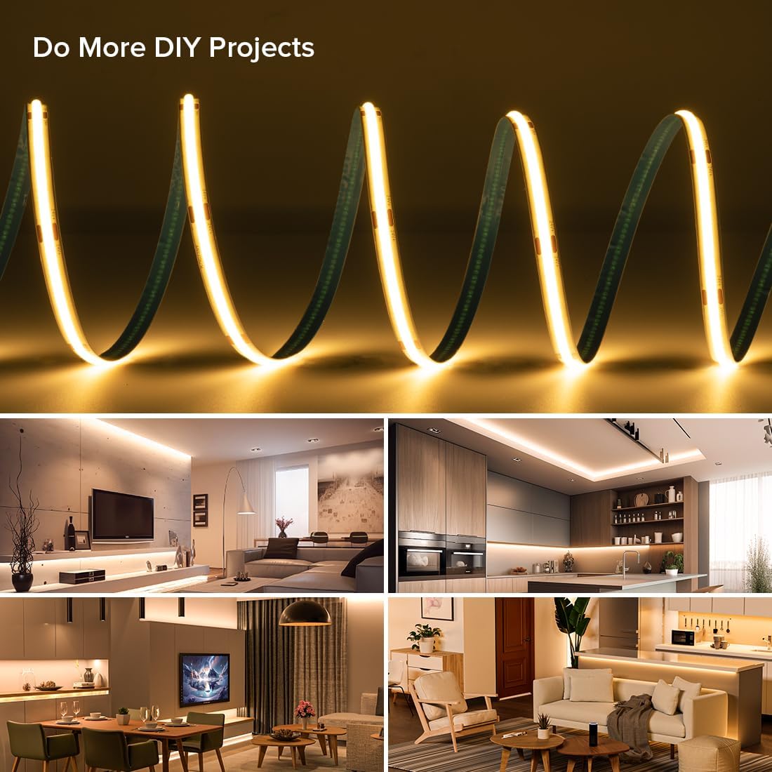 FCOB 16.4FT COB LED Strip Lights Dimmable DC 12V 480 LEDs/m Warm White 2700K, Flexible Cuttable for Home Decor