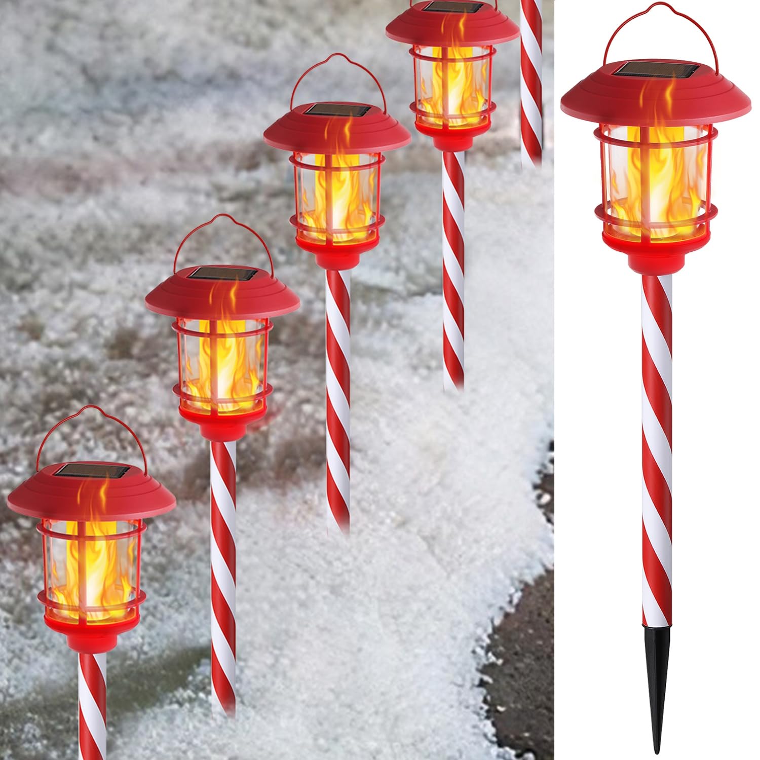 Dynaming 6 Pack Christmas Solar Flame Garden Lights Outdoor, Dual Use Flickering Flame Torch Candy Cane Pathway Marker, Xmas Han
