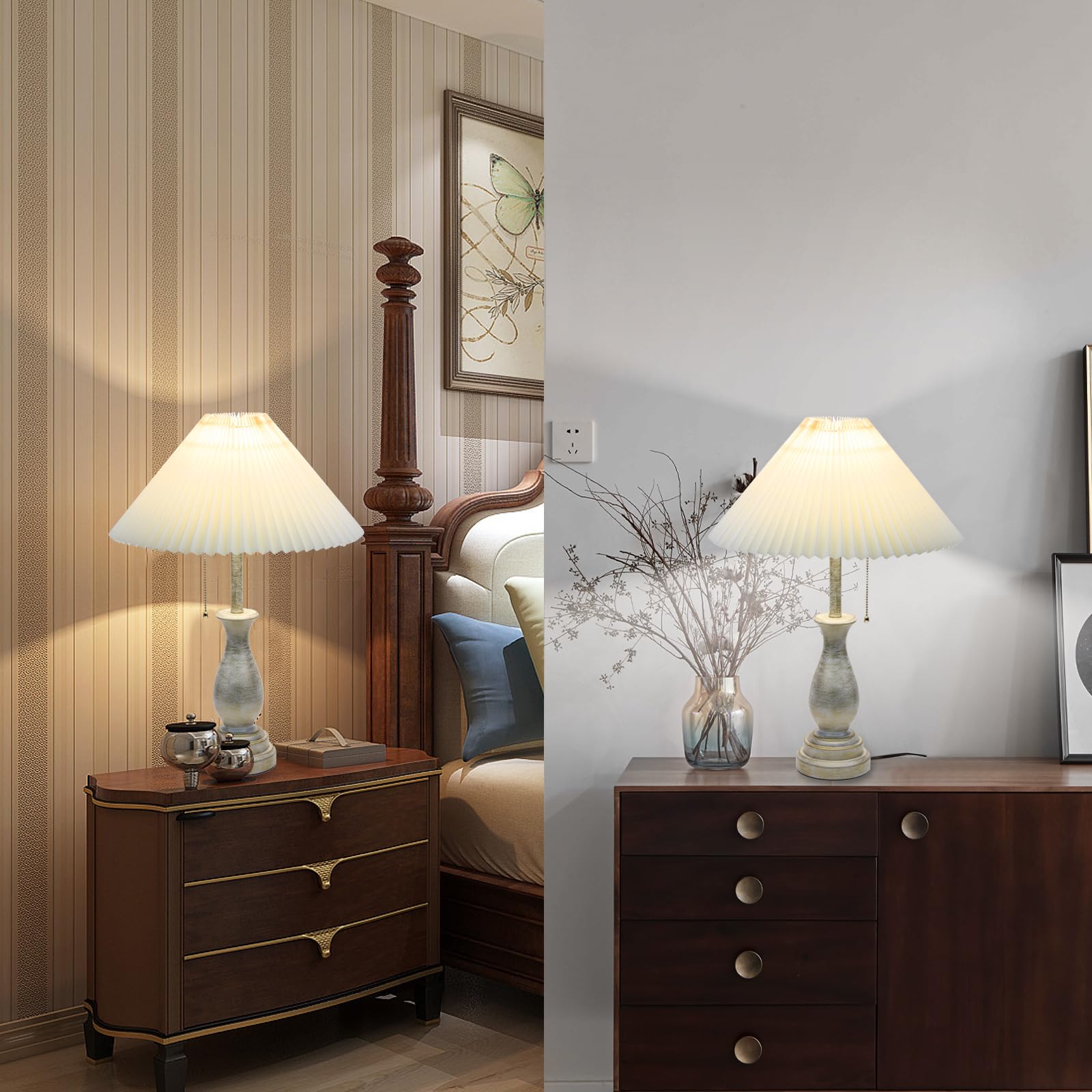 Farmhouse Table Lamp With Pull Chain Switch Control 3-Way Dimmable Table Lamp, Modern Nightstand Lamp Bedside Desk Lamp With Fab