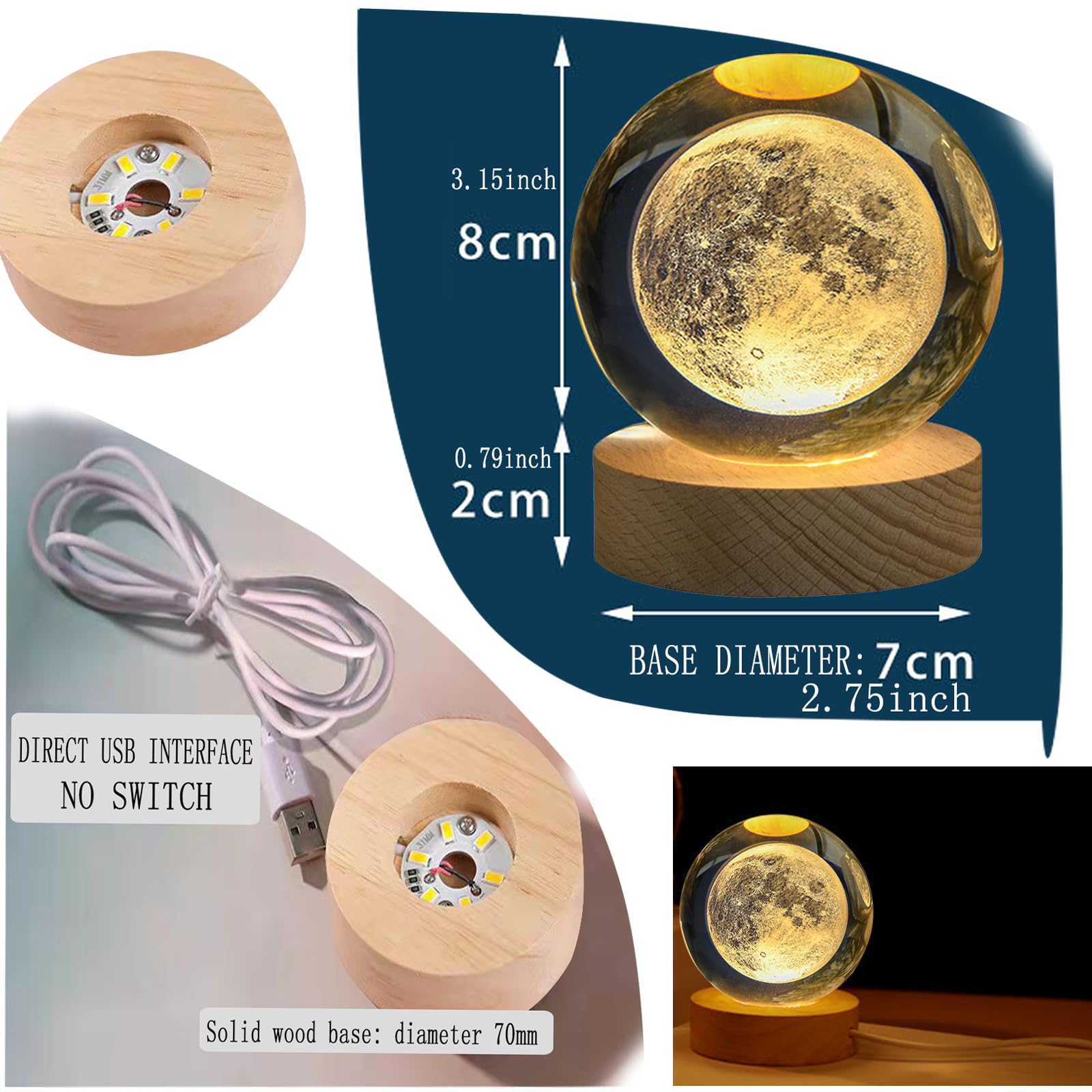 Kazetec Crystal Ball3.15 Inches(80Mm) Moon Crystal Ball Lamp 3D Large Crystal Ball  Magical Decoration Warm Light With Woodern Base Nightlight Decolamp As A Birthday Gift For Teens
