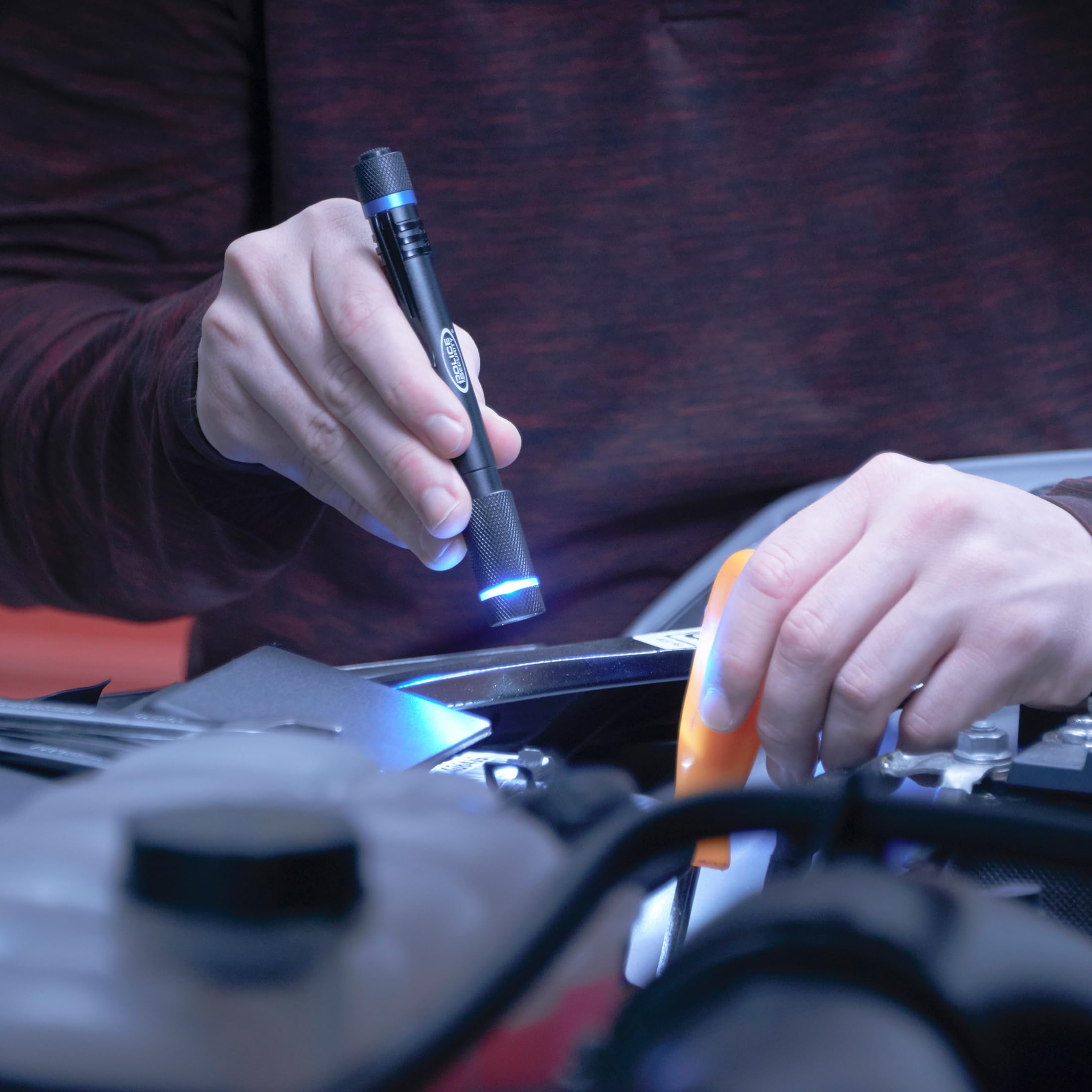 Police Security Aura Penlight Flashlight - 270 Lumens, 90m Beam, Water Resistant, Durable, Compact - Black, Adjustable Focus, Belt Clip