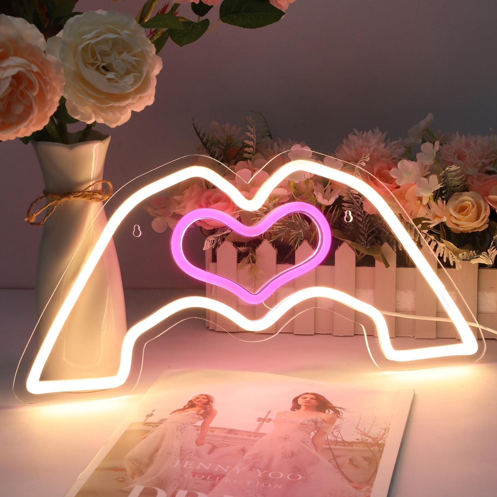 HMASYO Neon Sign - Heart Hands LED Wall Art, Warm White, 15.7 x 7.8 inches, Acrylic, Model 2411A, Perfect for Music Lovers Decor