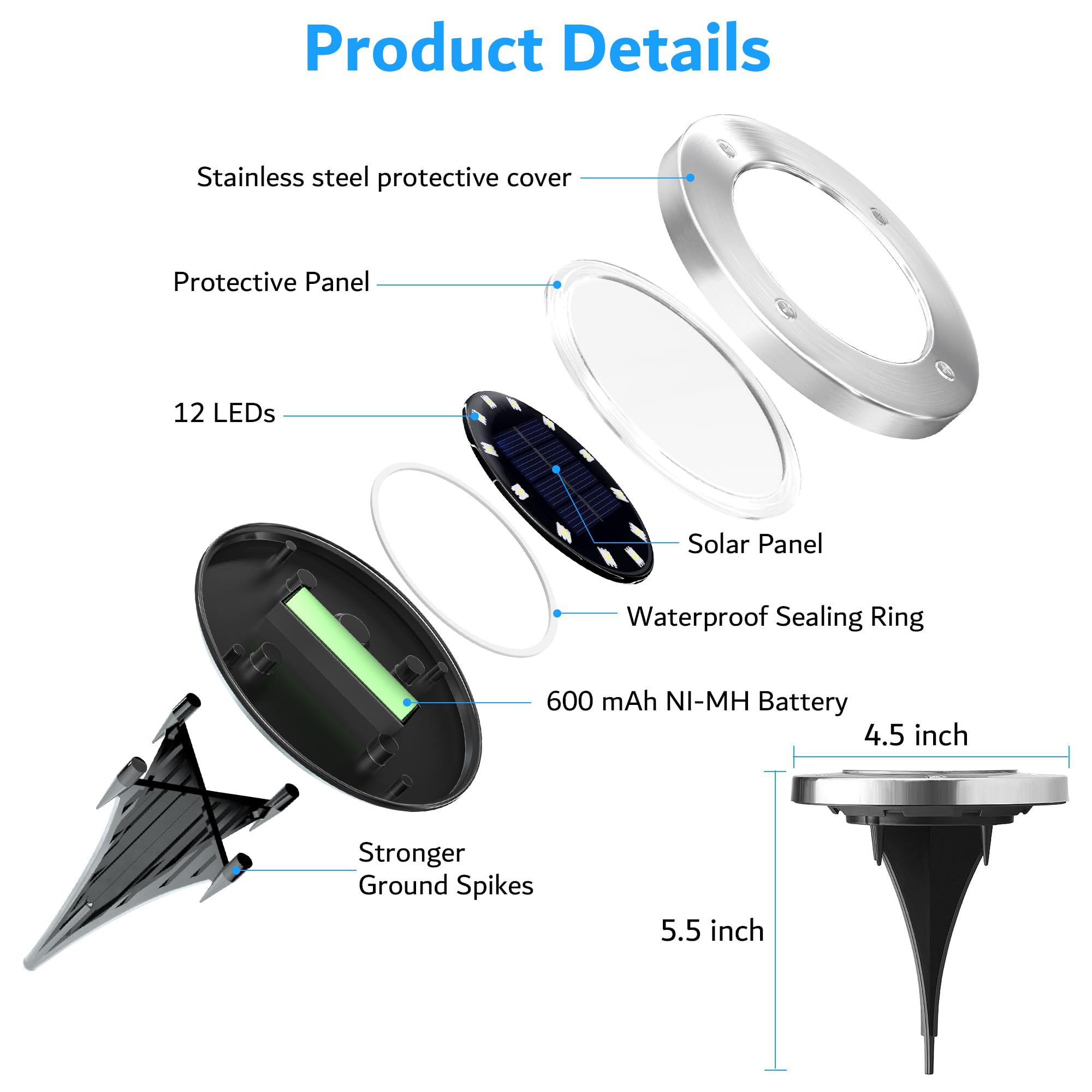 Biling Solar Ground Lights, 12 Pack, 12 LEDs, Waterproof, Stainless Steel, Warm White, Model BS2412