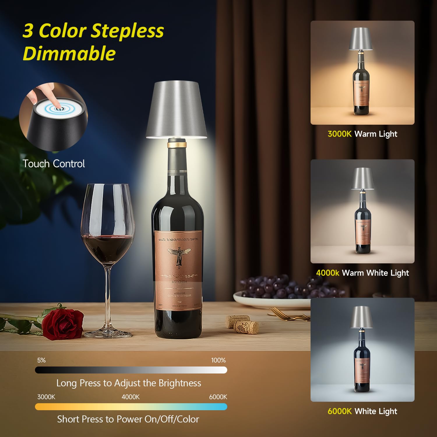 Hoide Wireless Bottle Lamp - LED Touch-Dimmable Night Light Kit, 5.7in, Silver