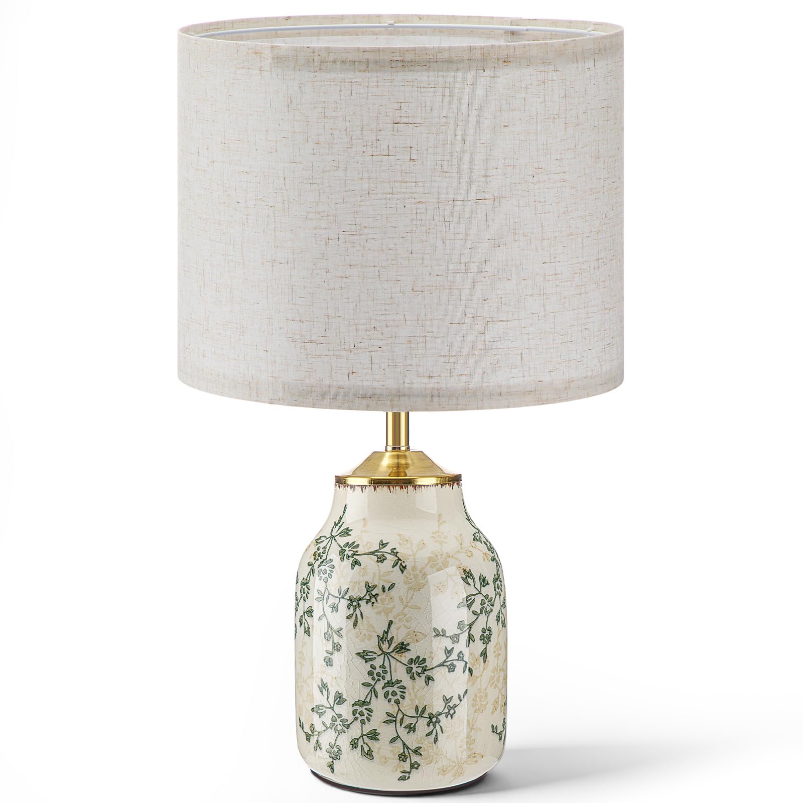 Tellingyou 1 Pcs 19 Vintage Green Ceramic Lamp with Beige Linen Shade Farmhouse Modern Table Lamp Ice Cracked Rose Floral for Be