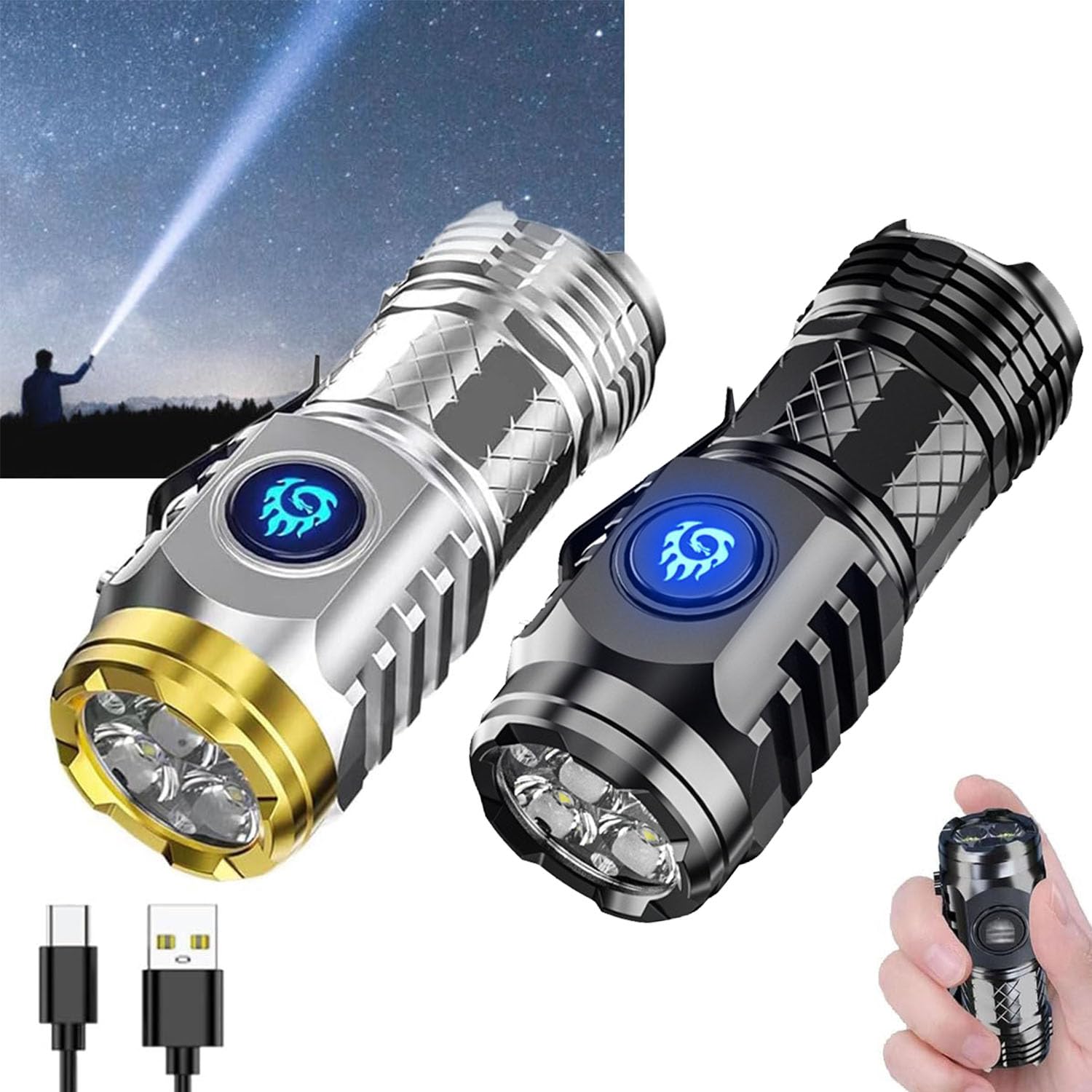 HABOHUSE Mini Flashlight, High Lumen, Rechargeable, Waterproof, 2Pcs-a, Model: Mini Flashlight6, ABS Material