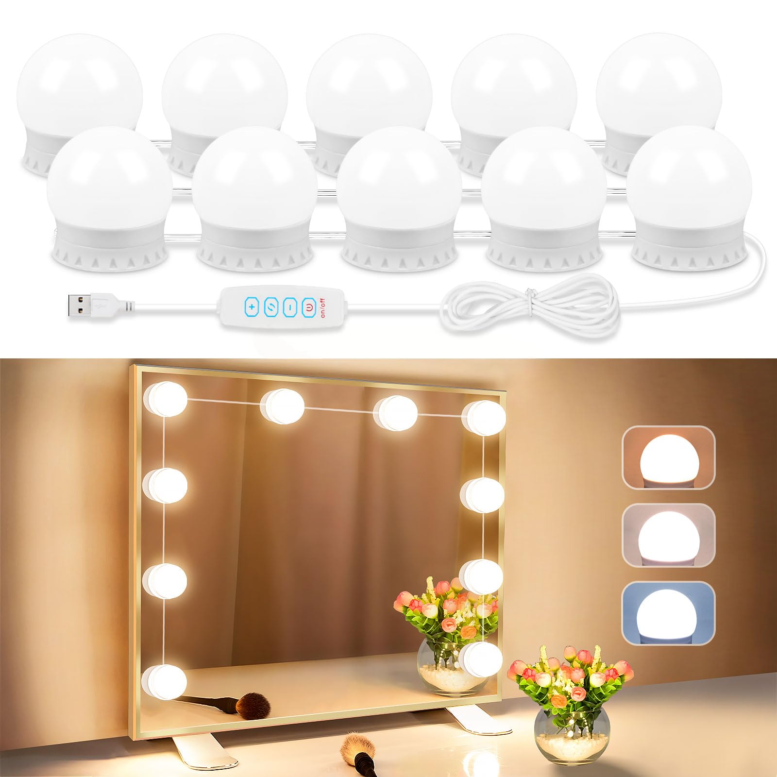 Led Vanity Lights For Mirror, Vanity Lights Stick On With 10 Dimmable Bulbs, 3000K 4000K 6500K & 10 Level Brightness Adjustable,